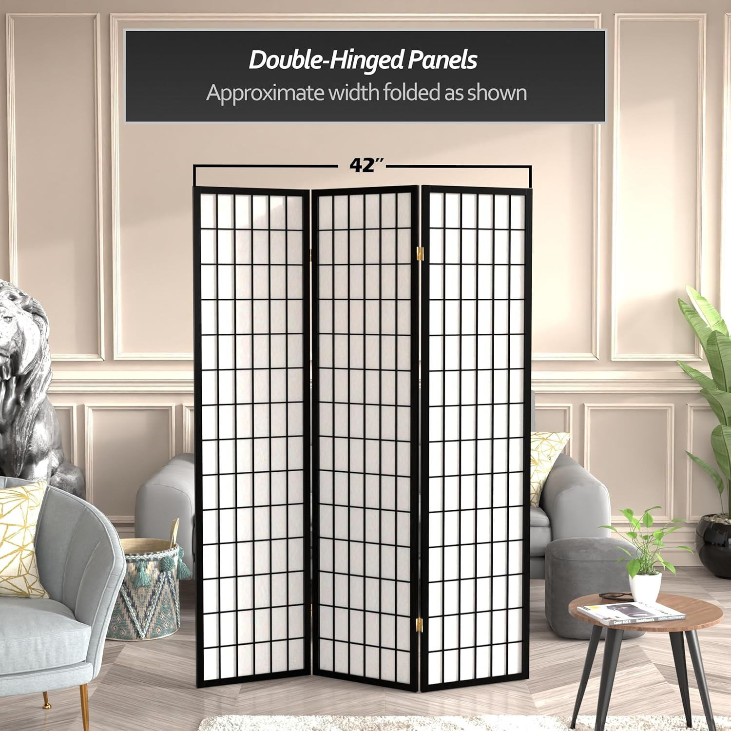 Black 6 Ft Tall 3-Panel Window Pane Shoji Screen Room Divider