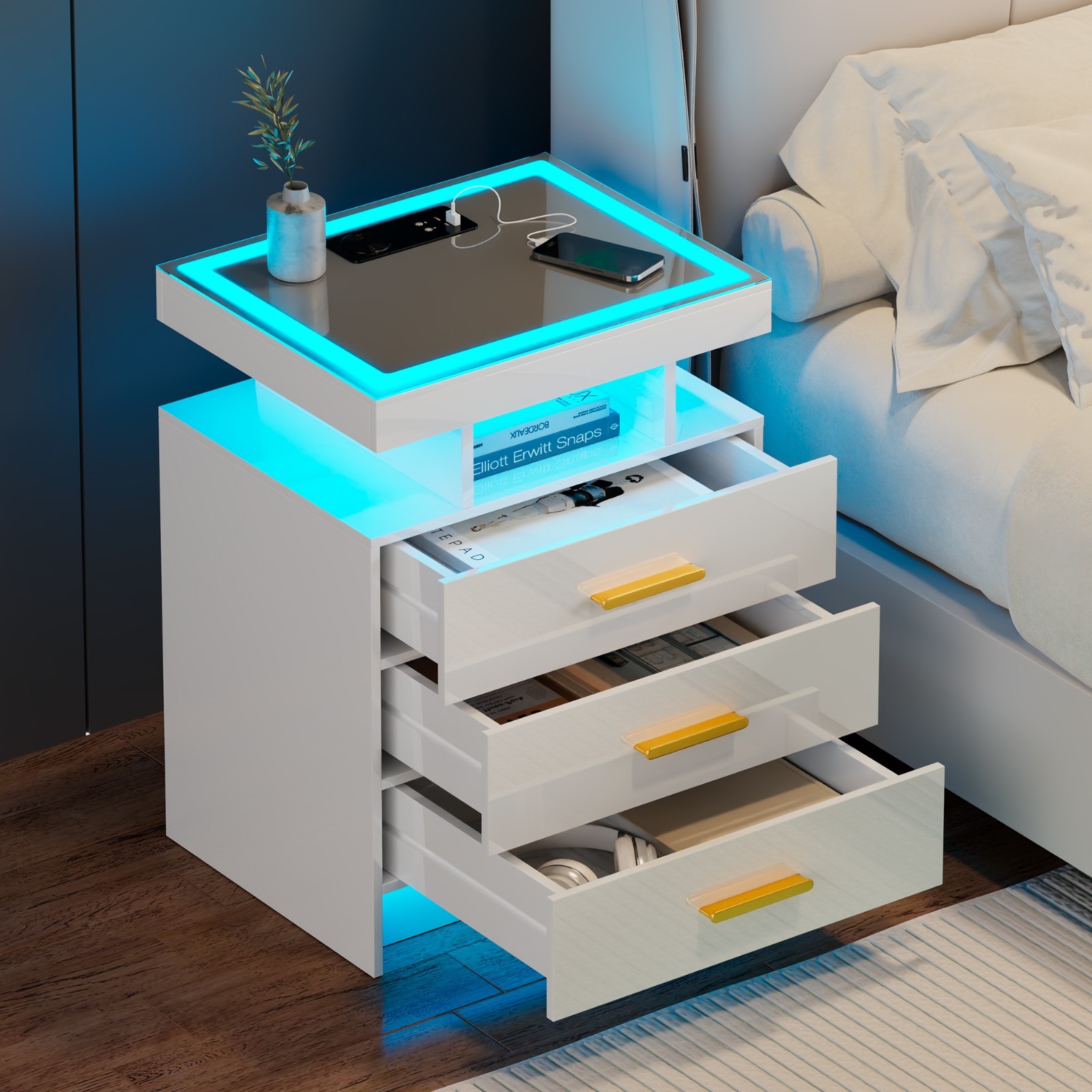 LED Nightstand with Charging Station, 3 Drawers Bedside Table with Motion Sensor