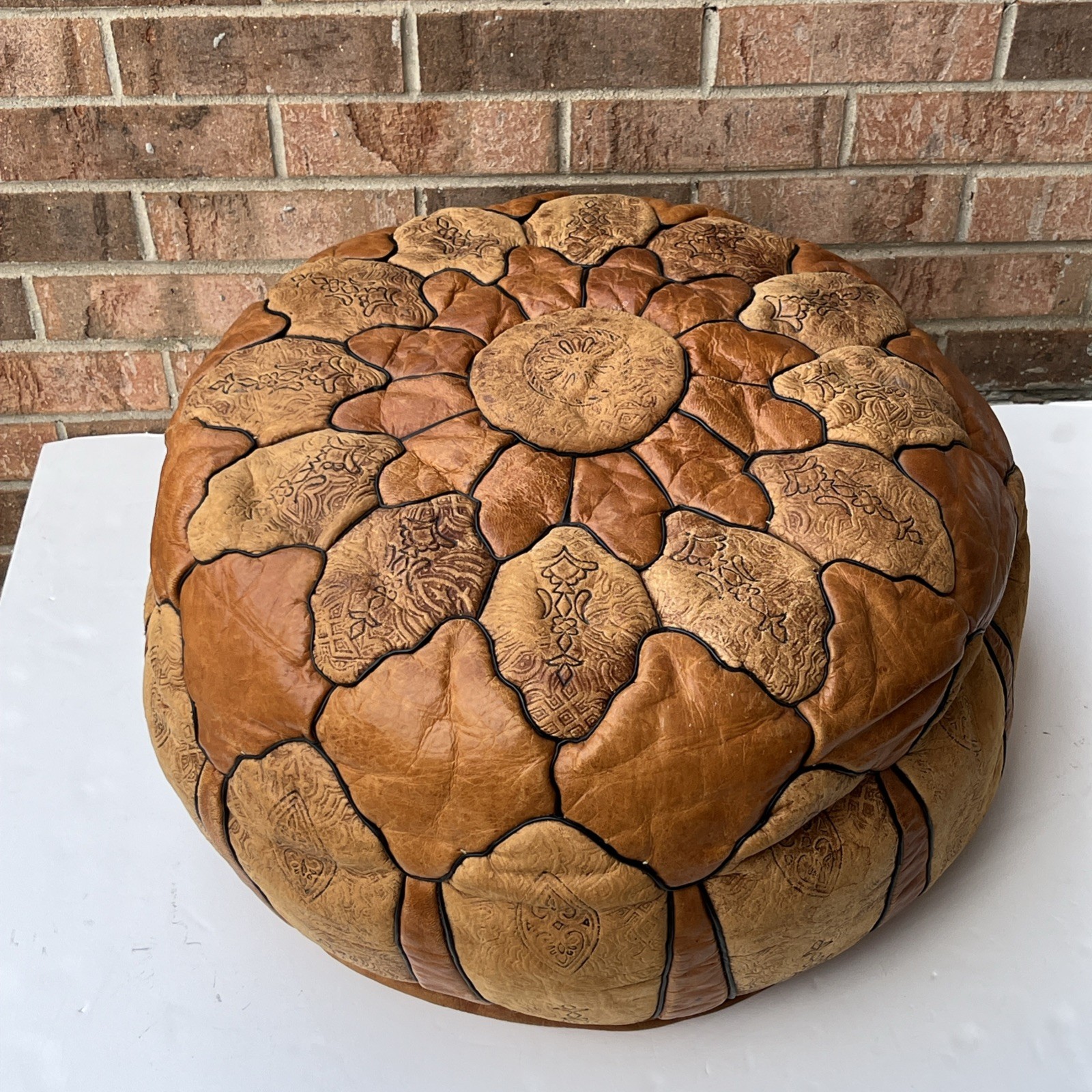 Vintage Moroccan Genuine Leather Pouf Ottoman Brown Round Footstool (Unstuffed)