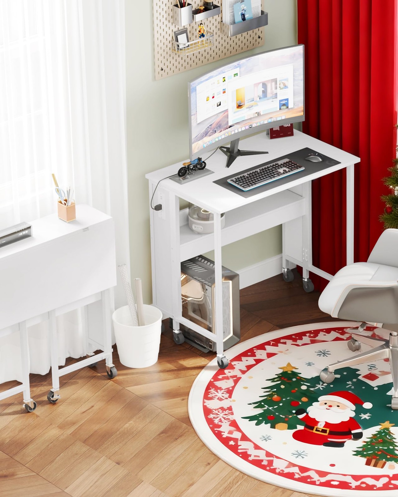 CHOEZON 31.5″ Modern White Folding Computer Desk with Power Outlets, Wheels, …