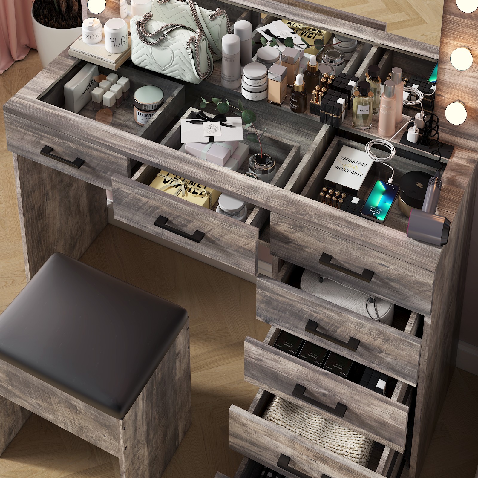 Large Vanity Set Makeup Desk Dressing Dresser Table 7 Drawer with 12 LED Lights