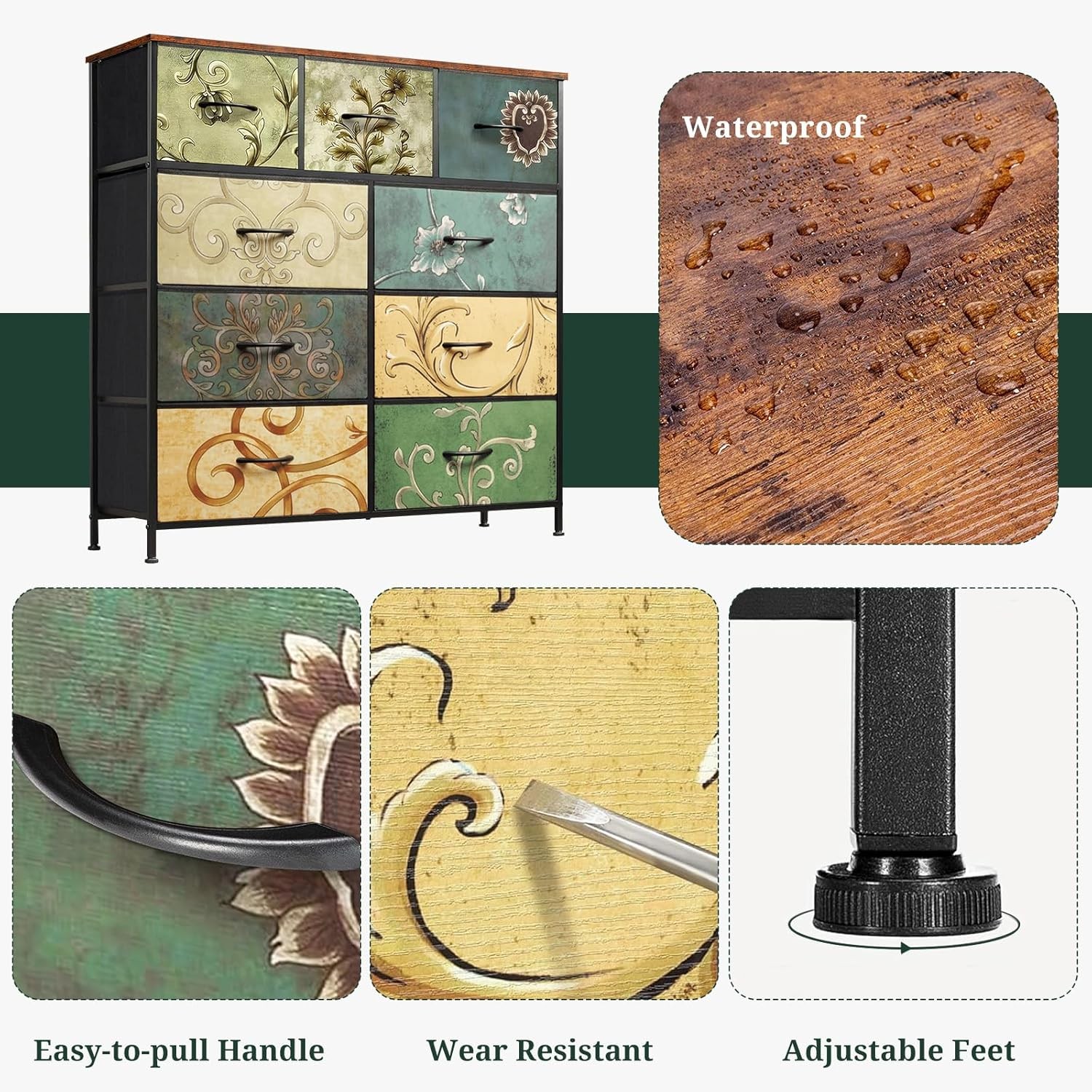 9-Drawer Fabric Dresser, Wooden Top Metal Frame, Floral Design