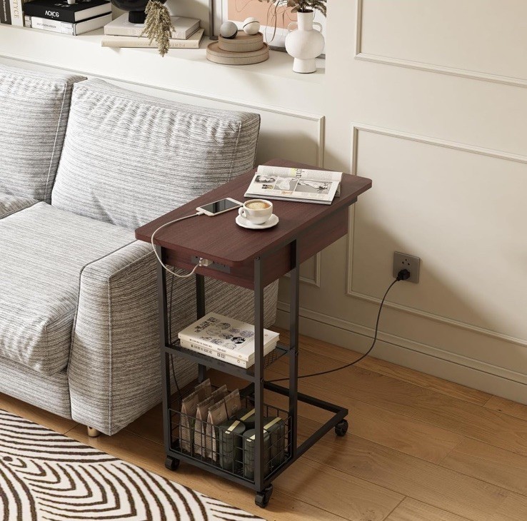 Rolling Side Table w/ Wheels & Storage Basket, Brown/Black 28.9in charging port