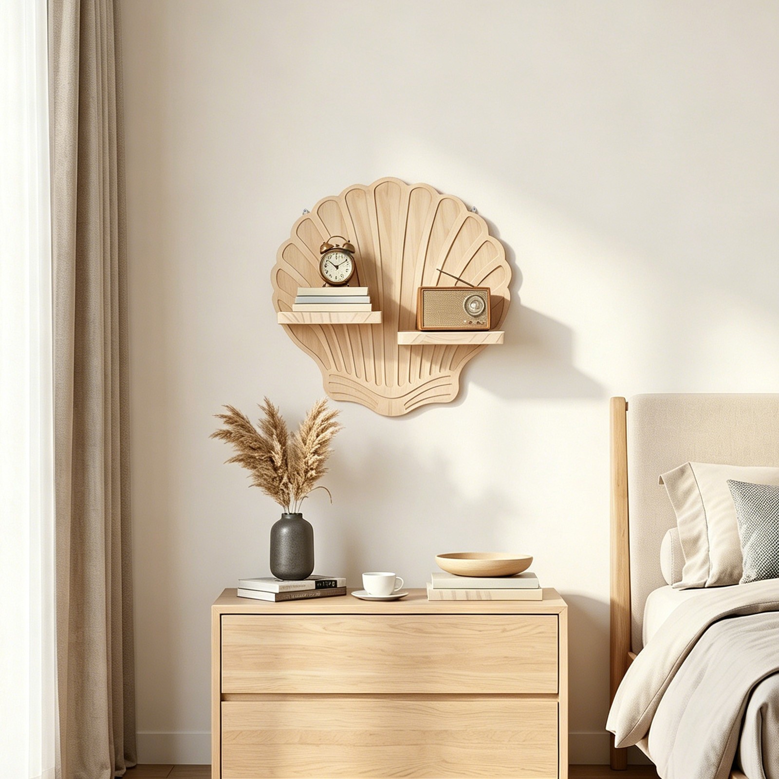 Boho Floating Wall Mounted Display Shelf Shell Shape Wooden Shelves Wall Decor