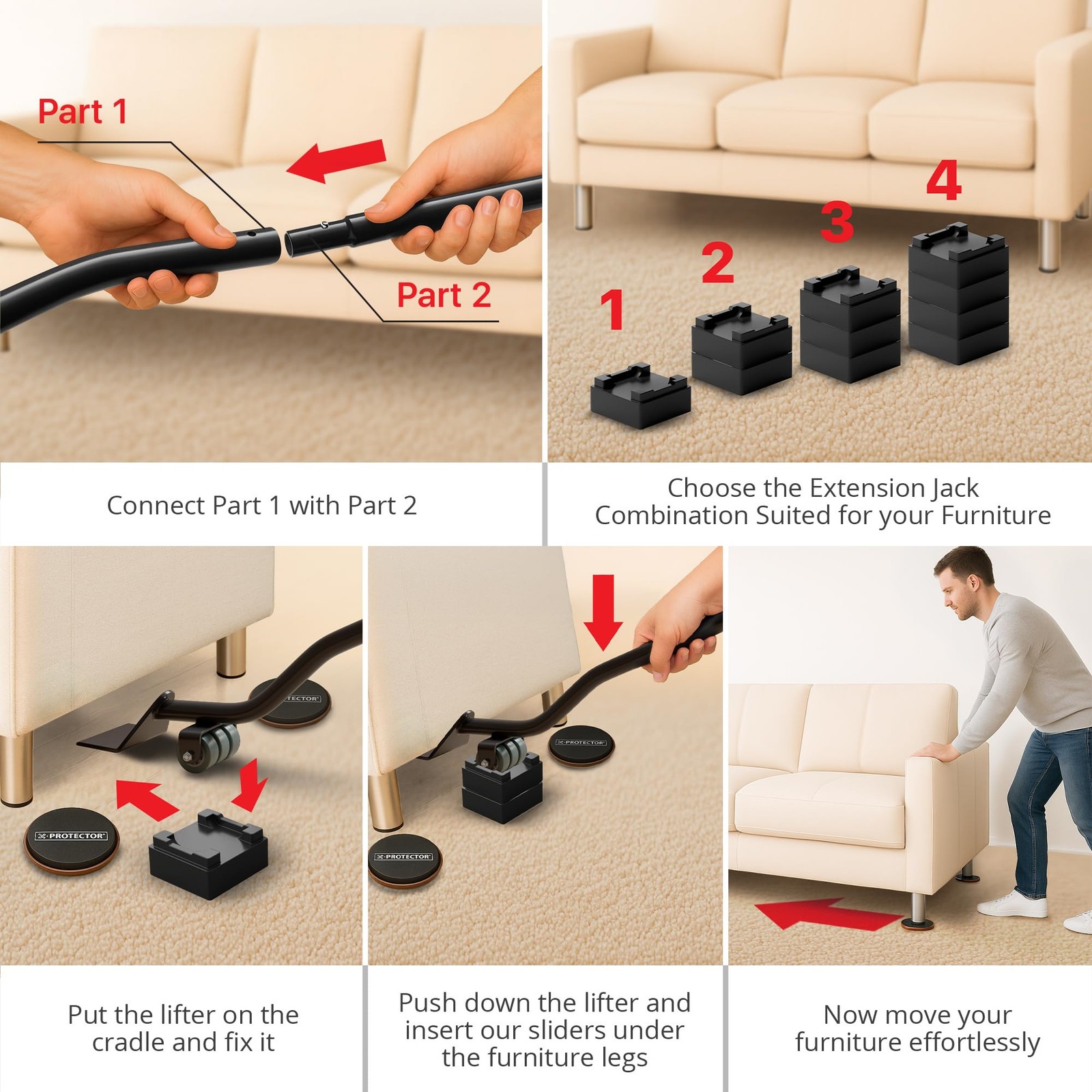 Furniture Foldable Jack Lifter Tool Set With 4 PCS 3.5 In Moving Sliders
