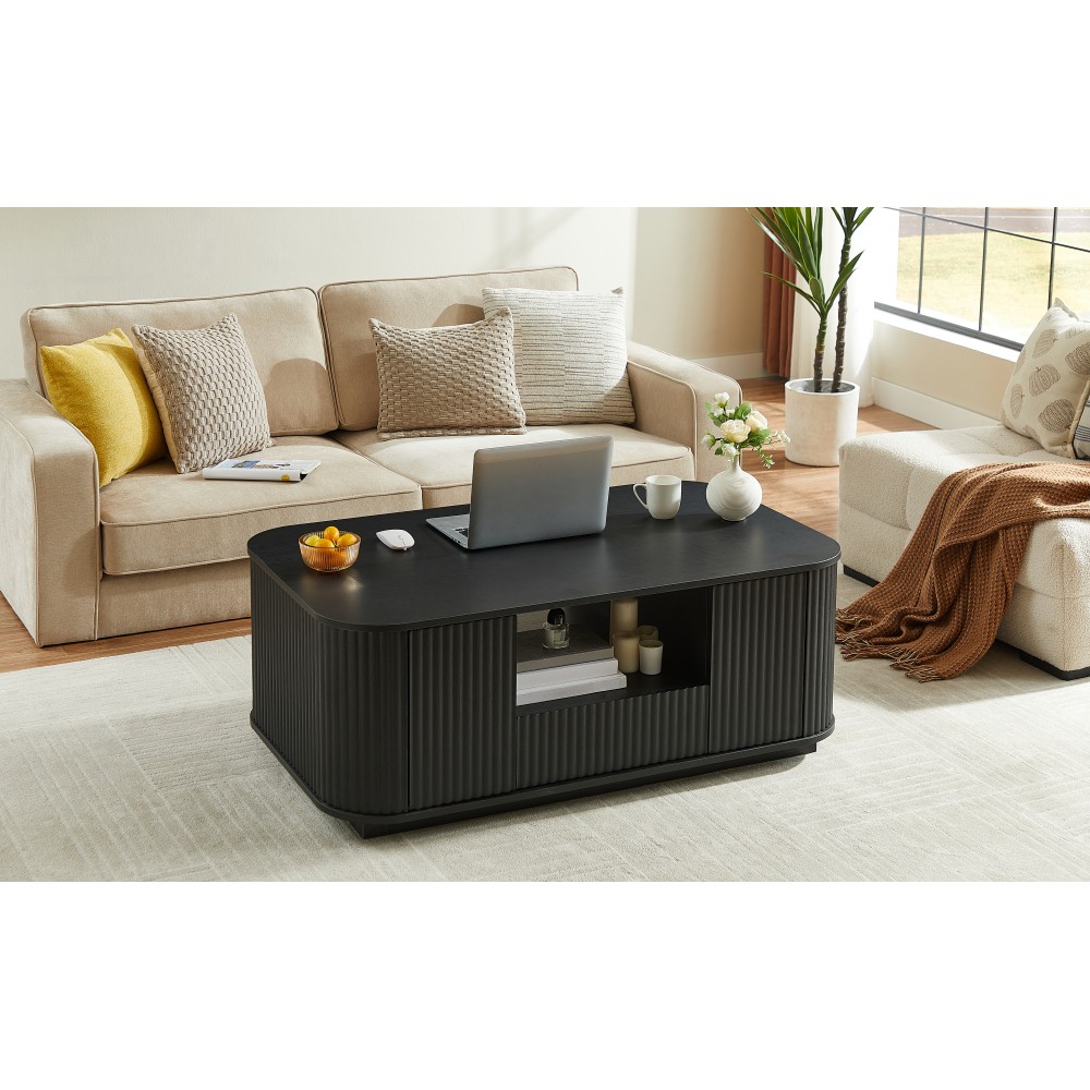 46.5″ Modern Oval Coffee Table with Drawers, Curved Contour, Natural