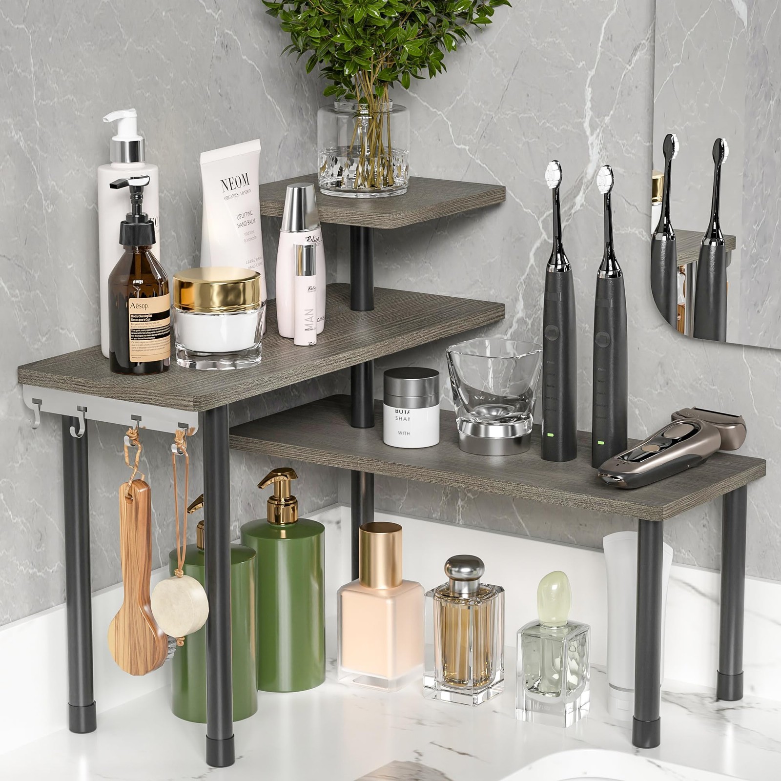 Adjustable 3Tier Corner Shelf Countertop Organizer 4 Metal Hooks Rustic Grey