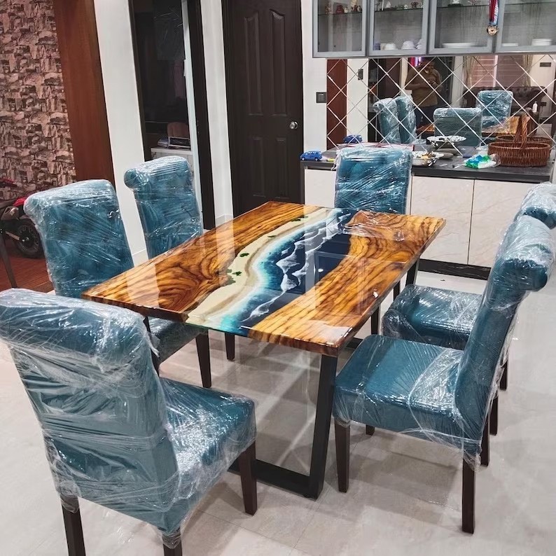Custom Ocean Wave Epoxy Table, Live Edge Wood River Table Luxury Resin Furniture