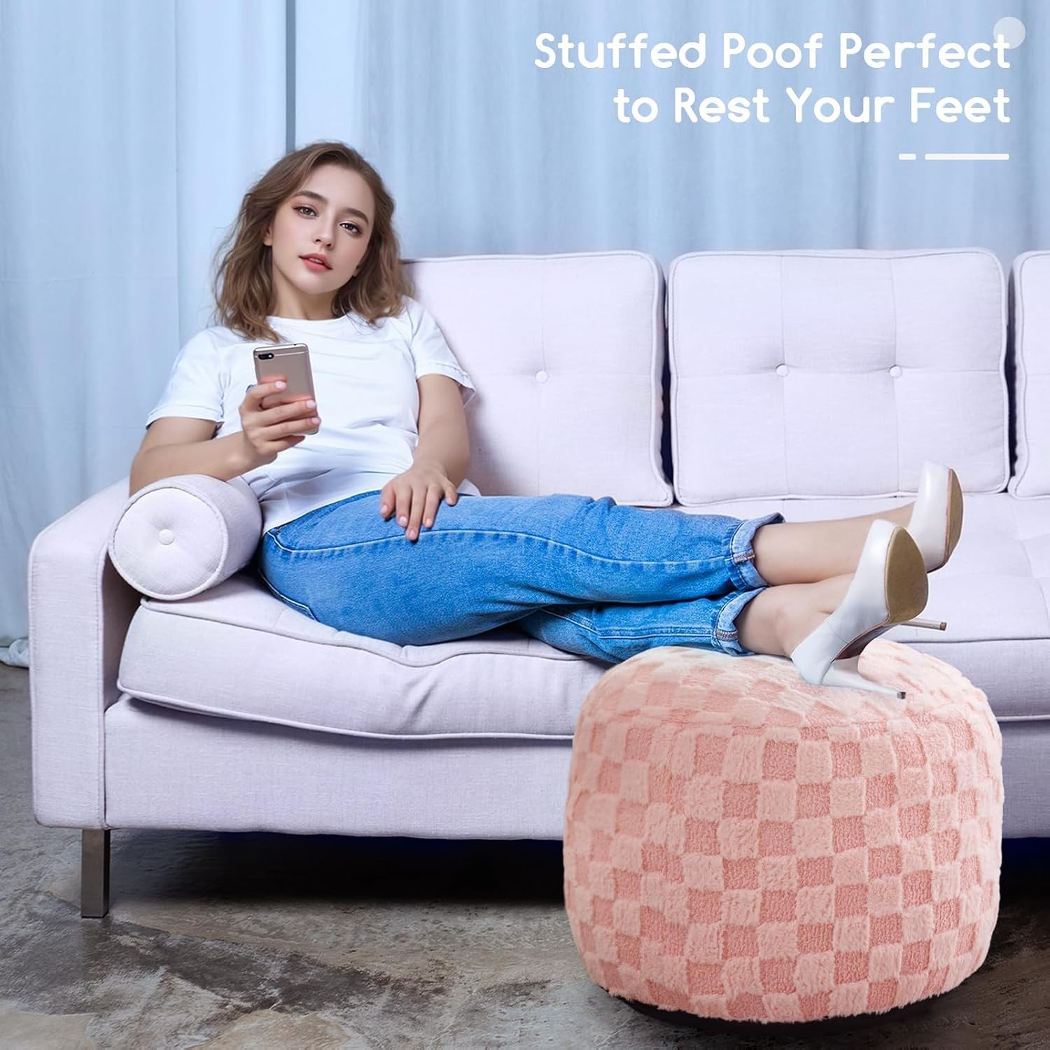 Round Stuffed Pouf Ottoman, Plaid Poufs with Foam Chunk Filling, Fluffy and F…