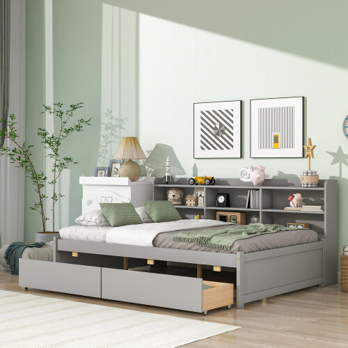 Twin/Full Size Daybed with Storage Drawers & Bookcase Solid Wood Sofa Bed Frames