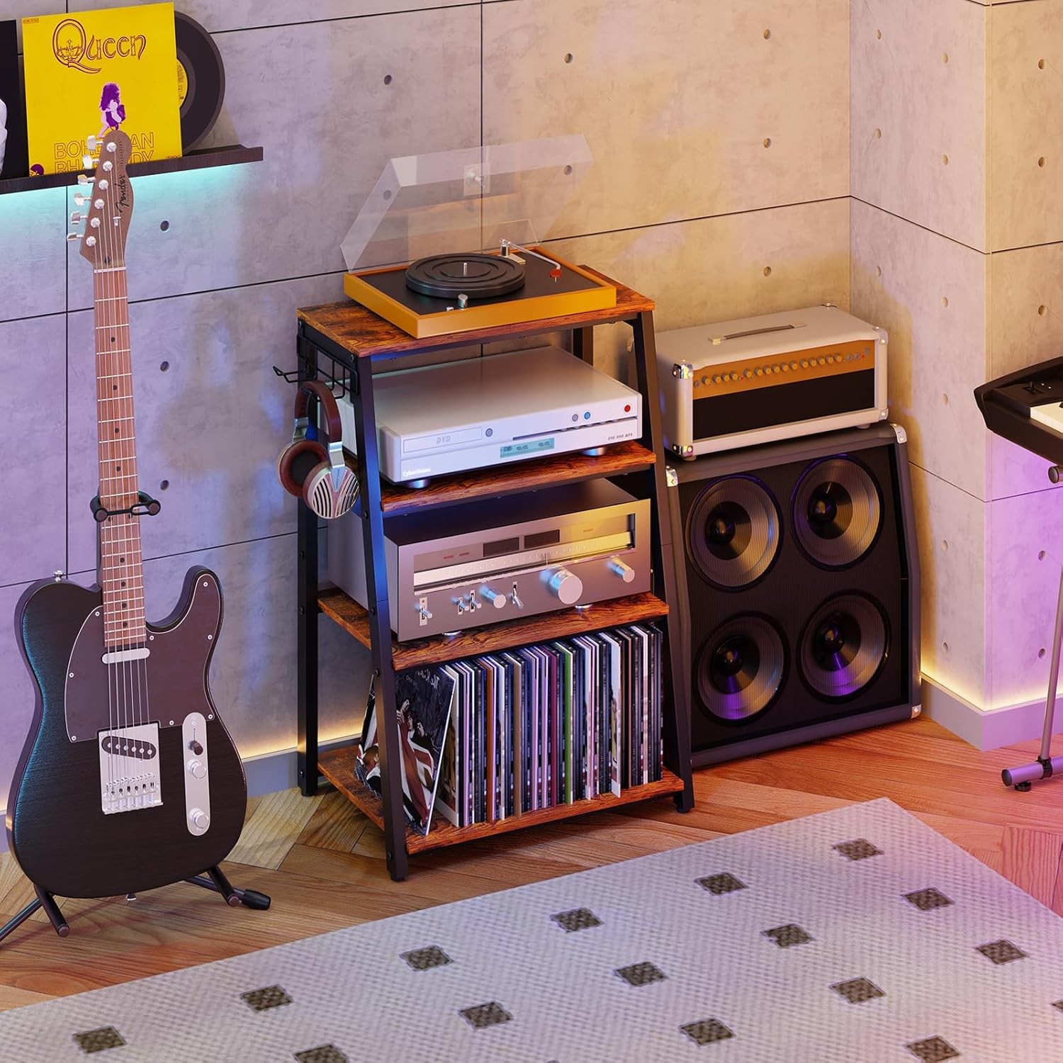 4-Tier AV Media Stand with 2 Hooks,Heavy Duty Stereo Cabinet Furniture-Large