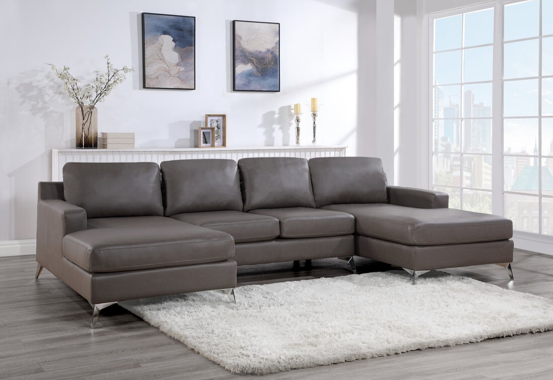 NEW 122″ Modern U-Shape Sectional Double Chaise Bronze Gray Vegan Leather Sofa