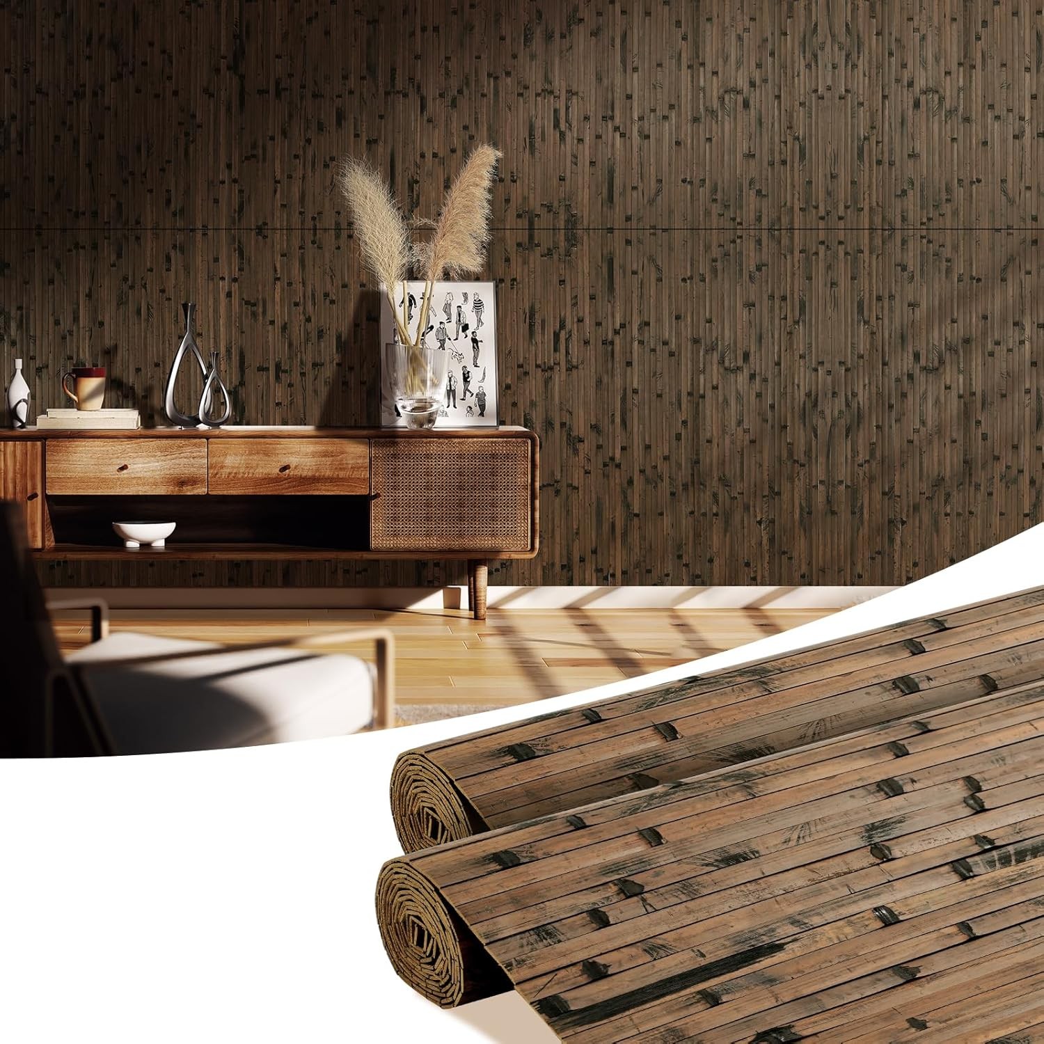 2 Pack 96×48 Inch Natural Bamboo Wall Panel – Brown Burned Pole Wrap Paneling