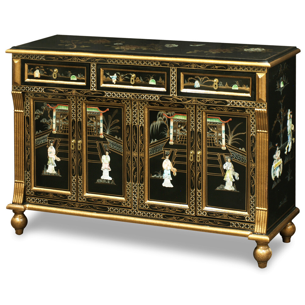 US Seller – Gold Trim Black Lacquer Mother of Pearl Oriental Sideboard