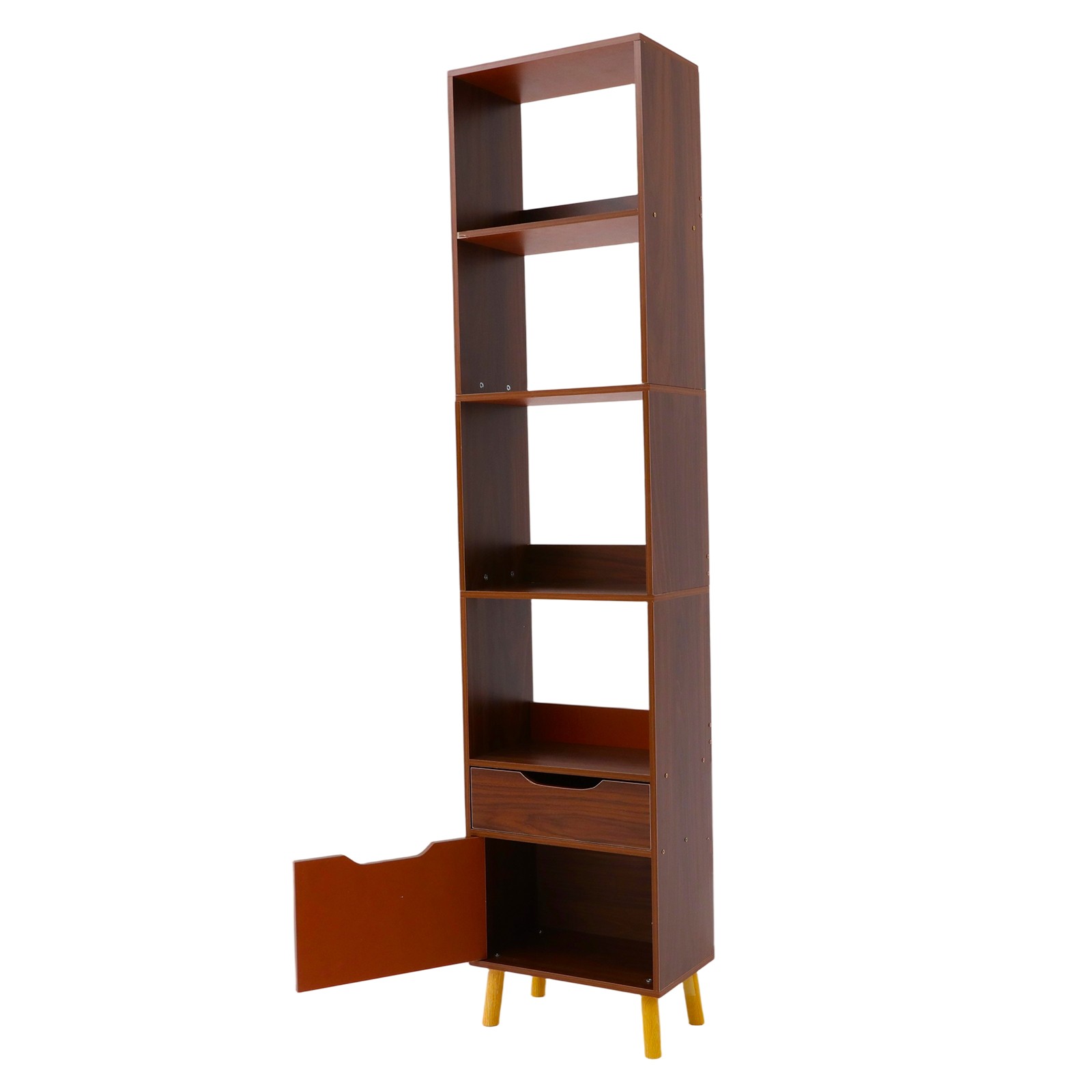Walnut Standing Storage Shelf Freestanding Storage Rack Tall Open Bookshelf