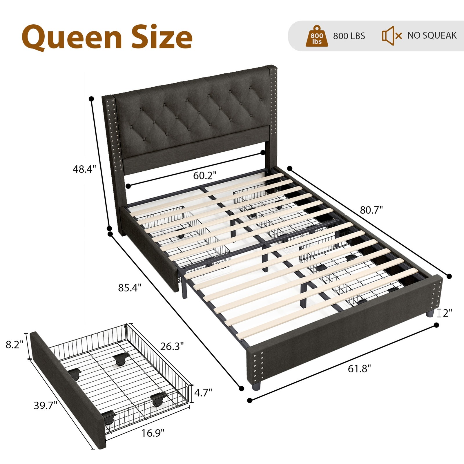 Queen Size Bed Frame With Wheel Equipped Underbed Storage Drawers Iron Frame