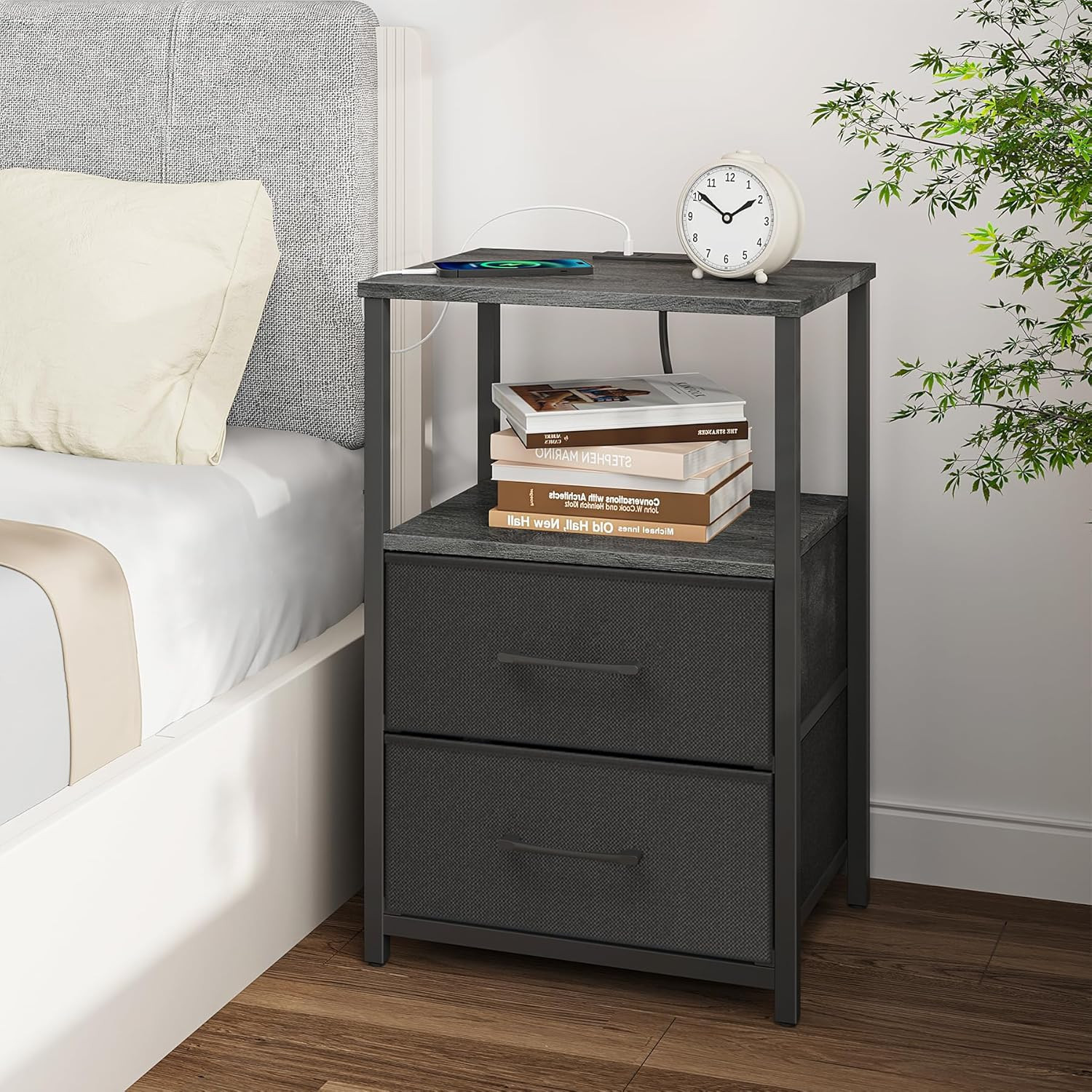 Stylish End Table Set with Charging Station & USB Ports – Charcoal Grey