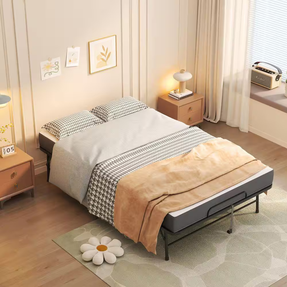 Black Twin Metal Rollaway Bed Folding Bed W/5″ Memory Foam Folding Bed 75″ X 46″