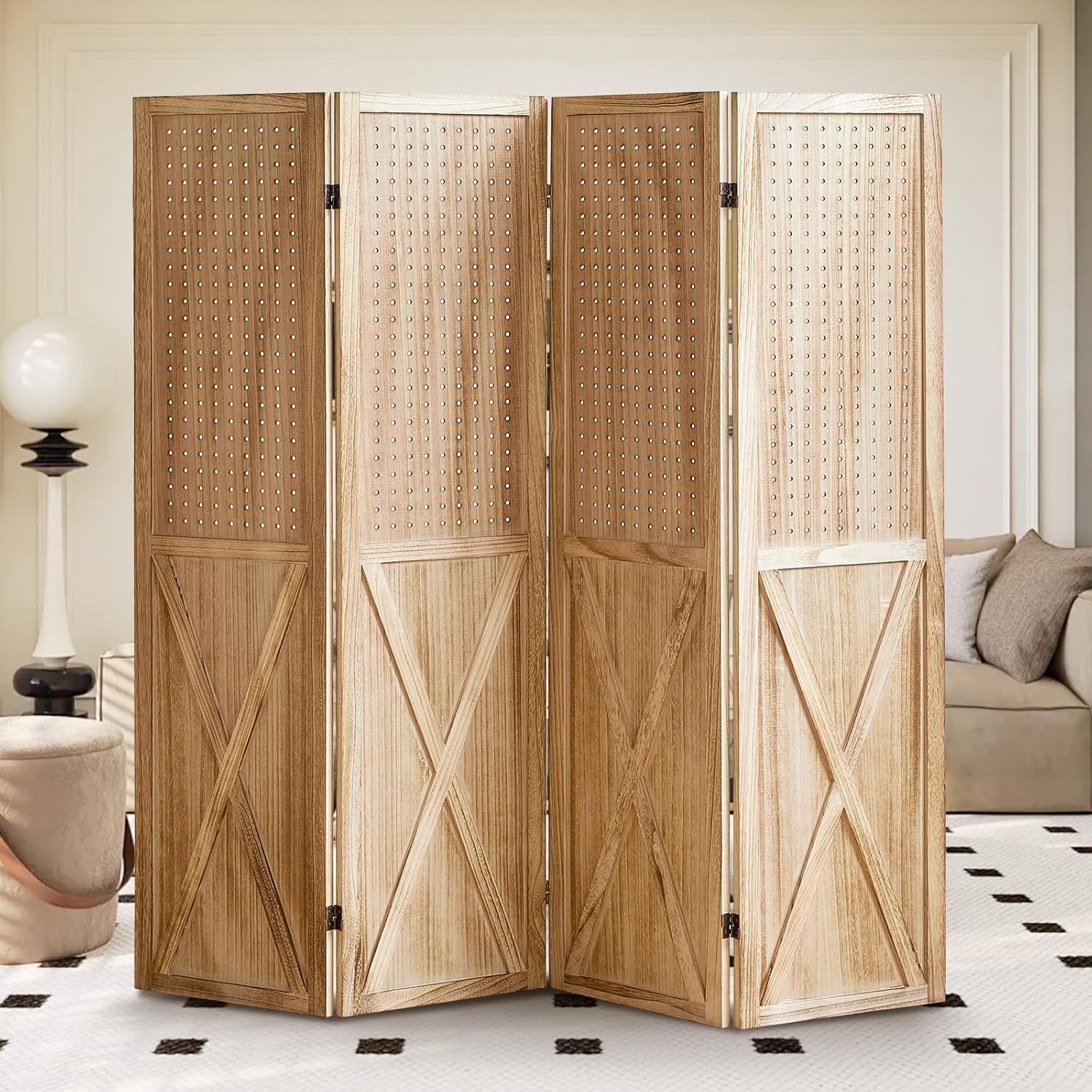 Pegboard Display 4 Panel Room Divider, Peg Board Divider Panel, 5.6Ft Wood
