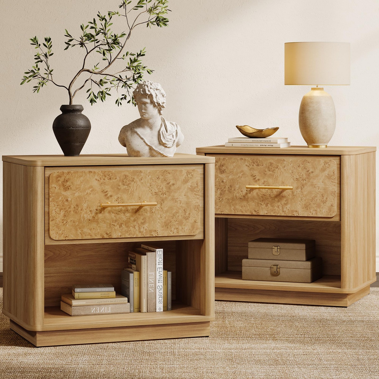 Nightstands Set of 2, 24.8″ Wide, Burl Wooden