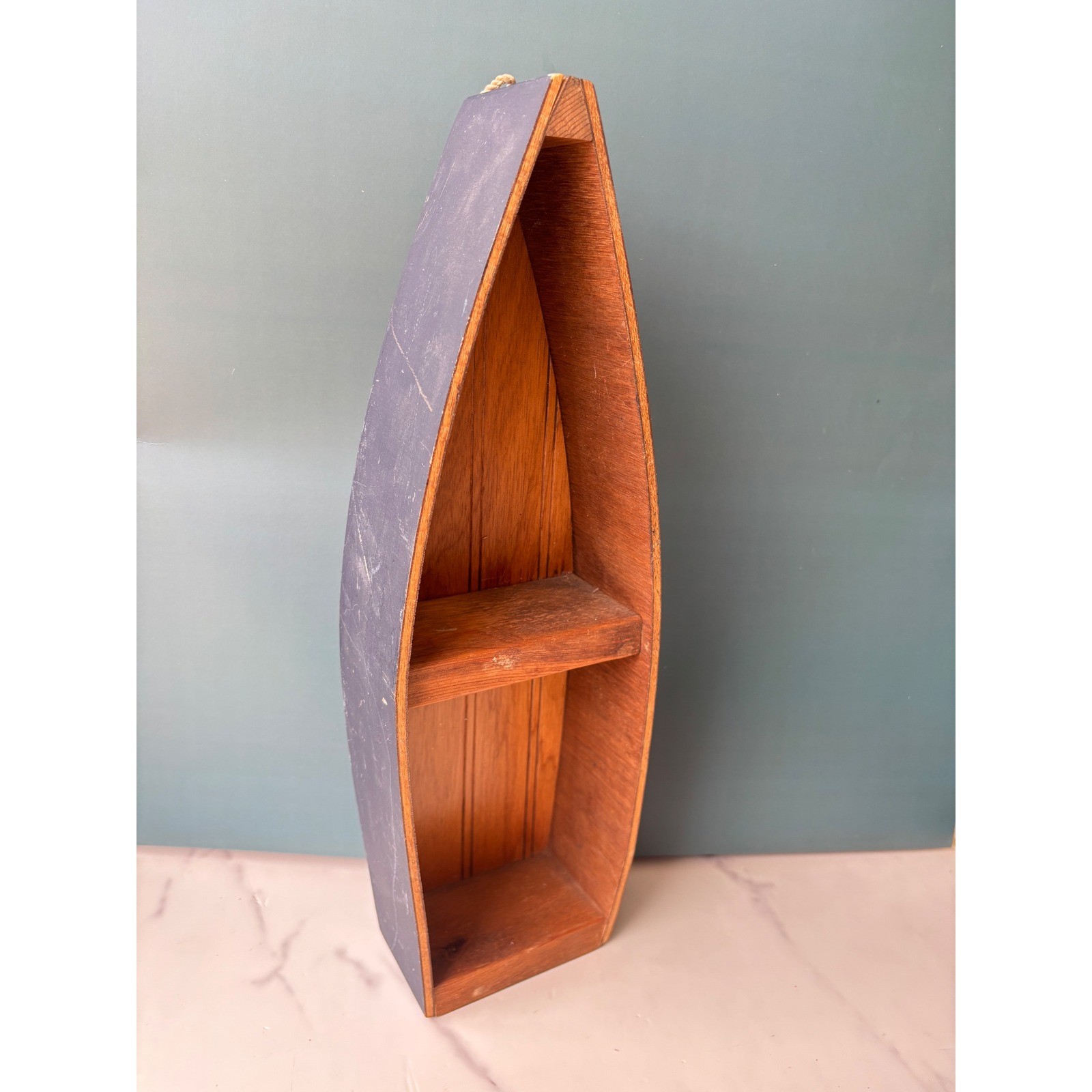 Wooden Boat Shelf Nautical Navy Blue Wall Decor Canoe Display 15.5 Inch