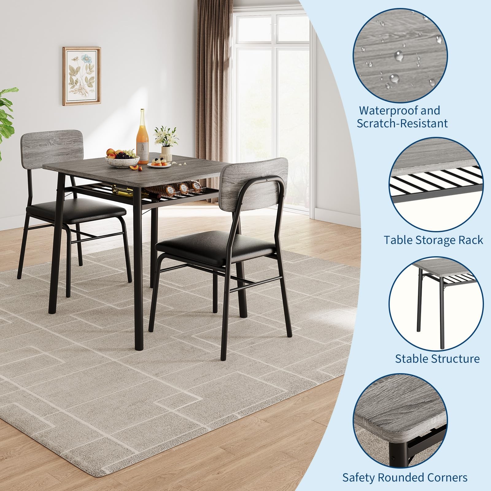 Dining Set for 2 Wood Top Table and 2 Upholstered Chairs for Small Space Kitchen