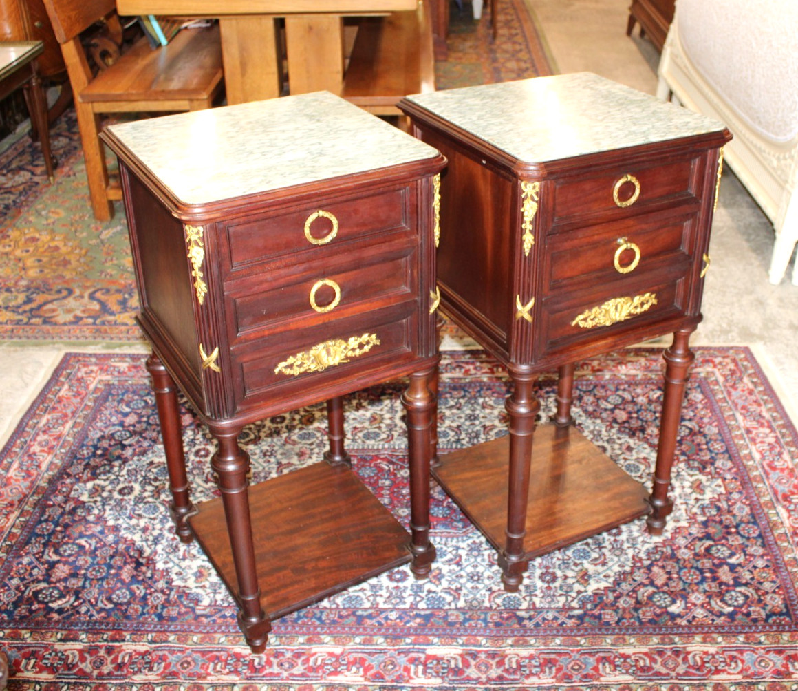 Pair of French Antique Louis XVI Mahogany Nightstands / Bedside Tables