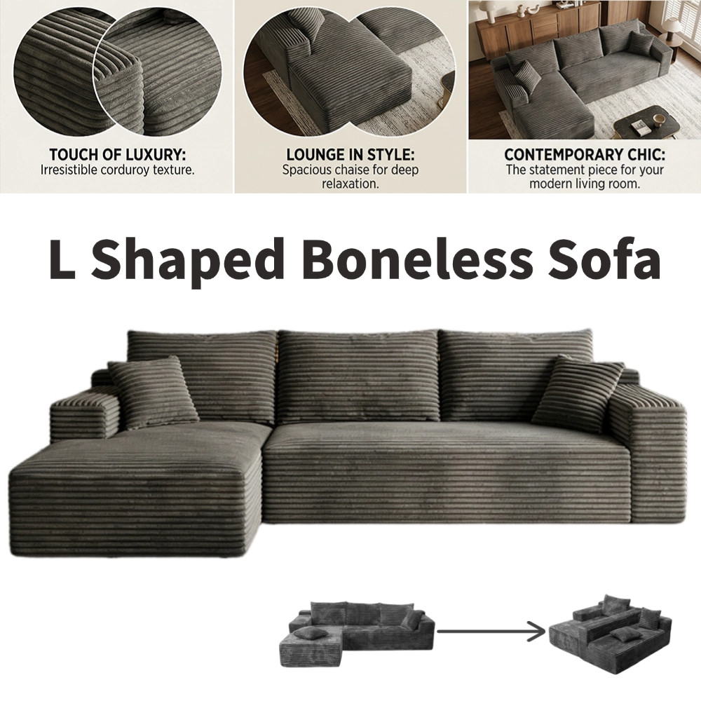 106″ L Shaped Sectional Boneless Cloud Sofa Chaise 3 Seat Corduroy US Stock