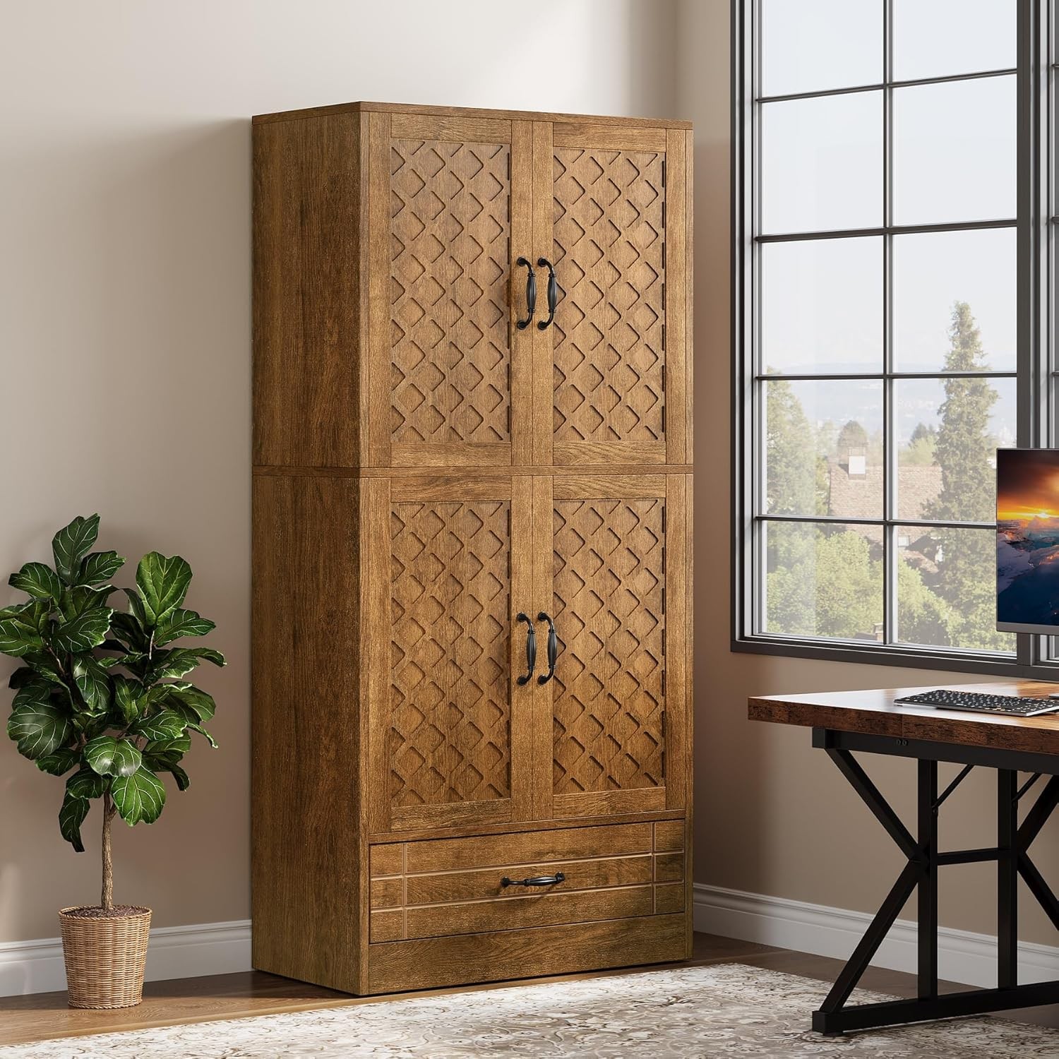70 Inches Bookshelf Bookcase, Wooden Tall Storage Cabinet with Doors and Drawer