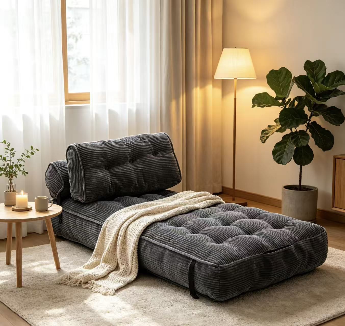 Foldable Sofa Bed Single Convertible Sleeper Chair with Pillow Corduroy Floor