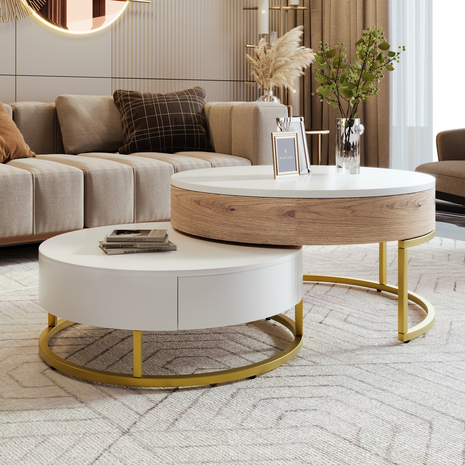 Round Lift-Top Nesting Coffee Tables with 2 Drawers White & Natural