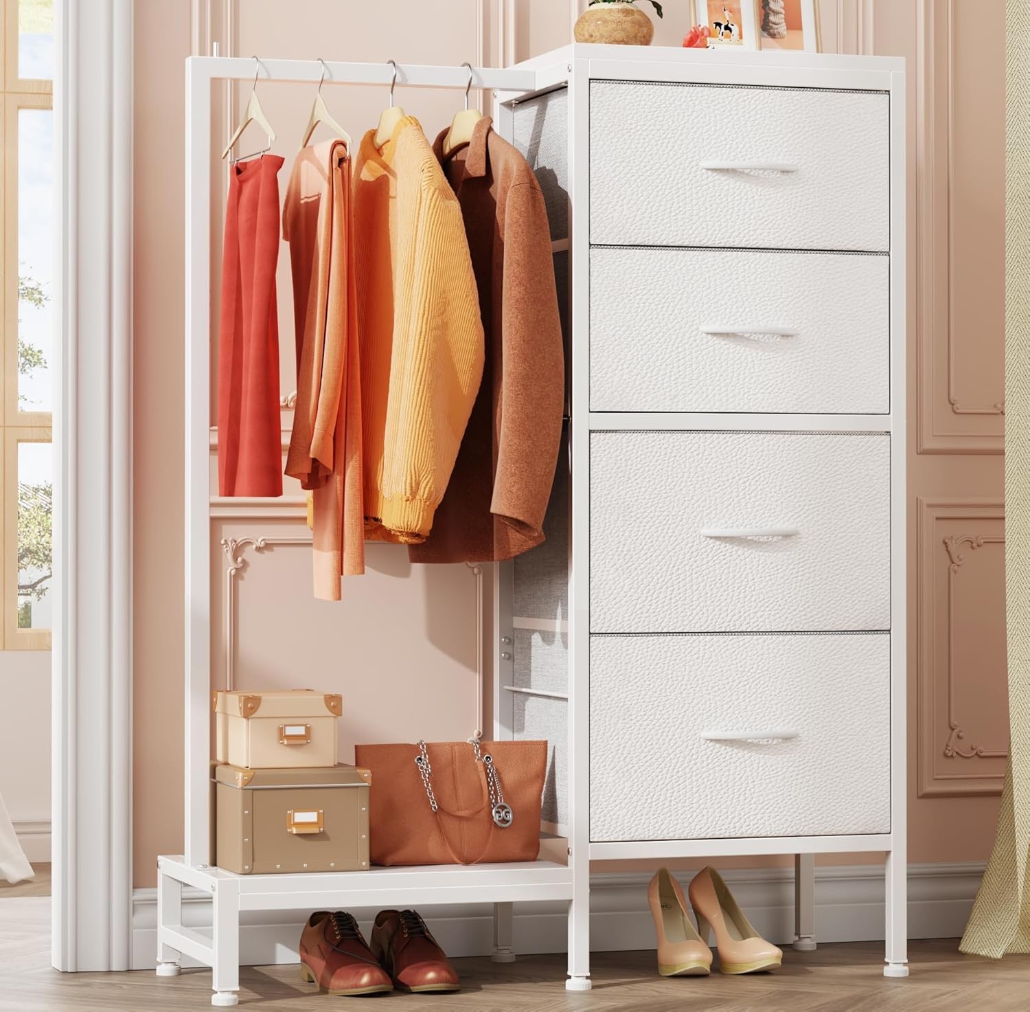Four-drawer wardrobe with clothes rack, sturdy frame, white, 44 inches tall.
