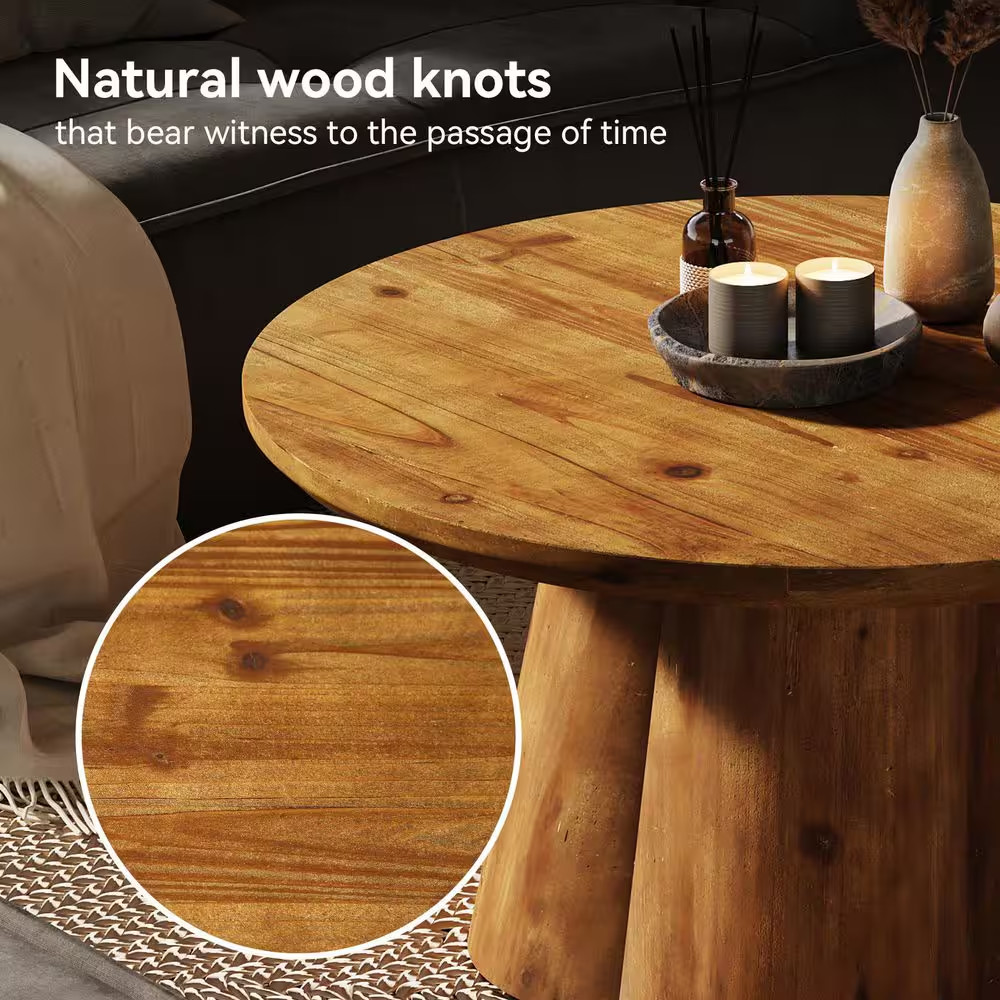 Allan 31.5 In. Brown round Solid Wood Coffee Table with Robust Base, Farmhouse C