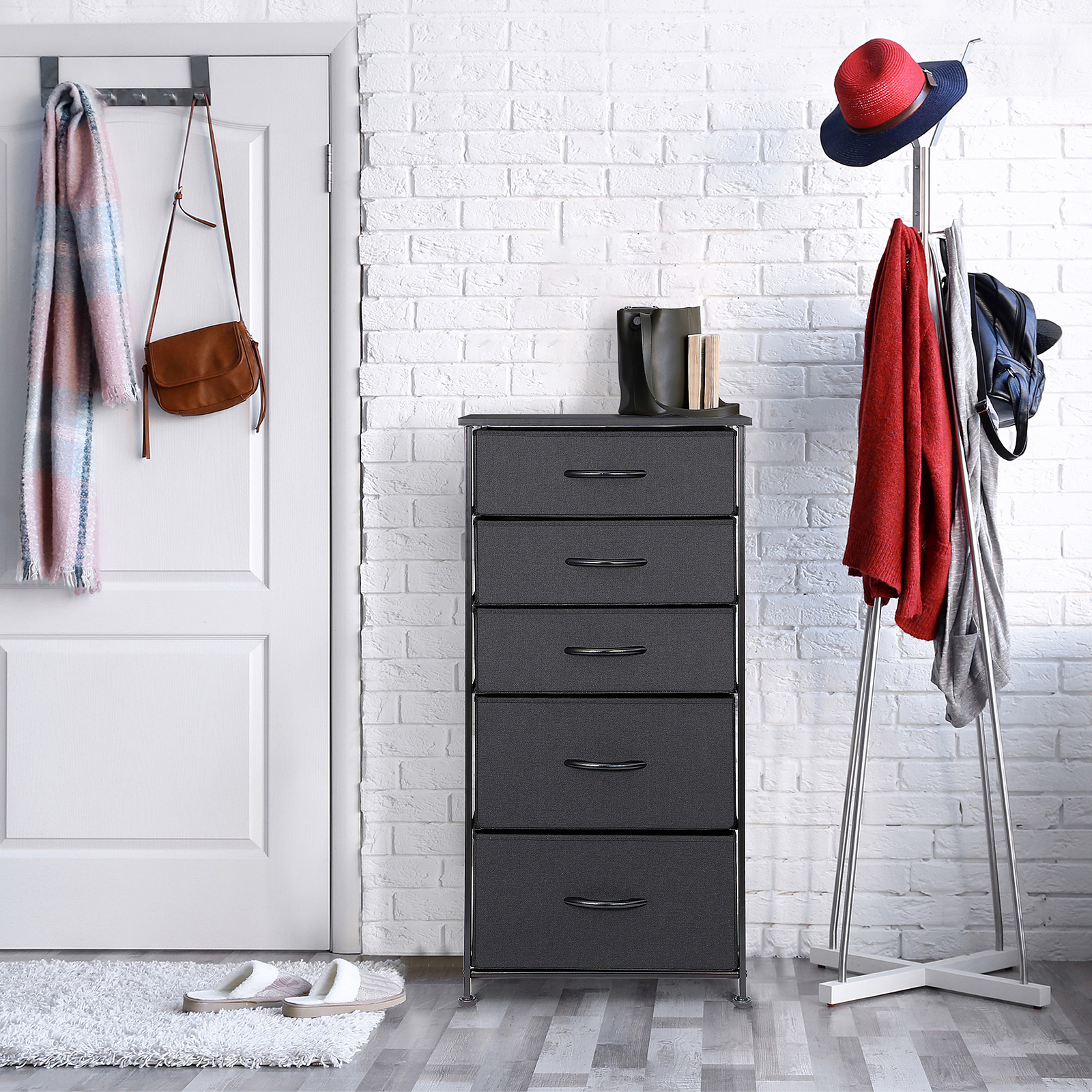 Fabric Dresser Storage with 5 Drawers Sturdy Metal Frame, Wood Top for Bedroom