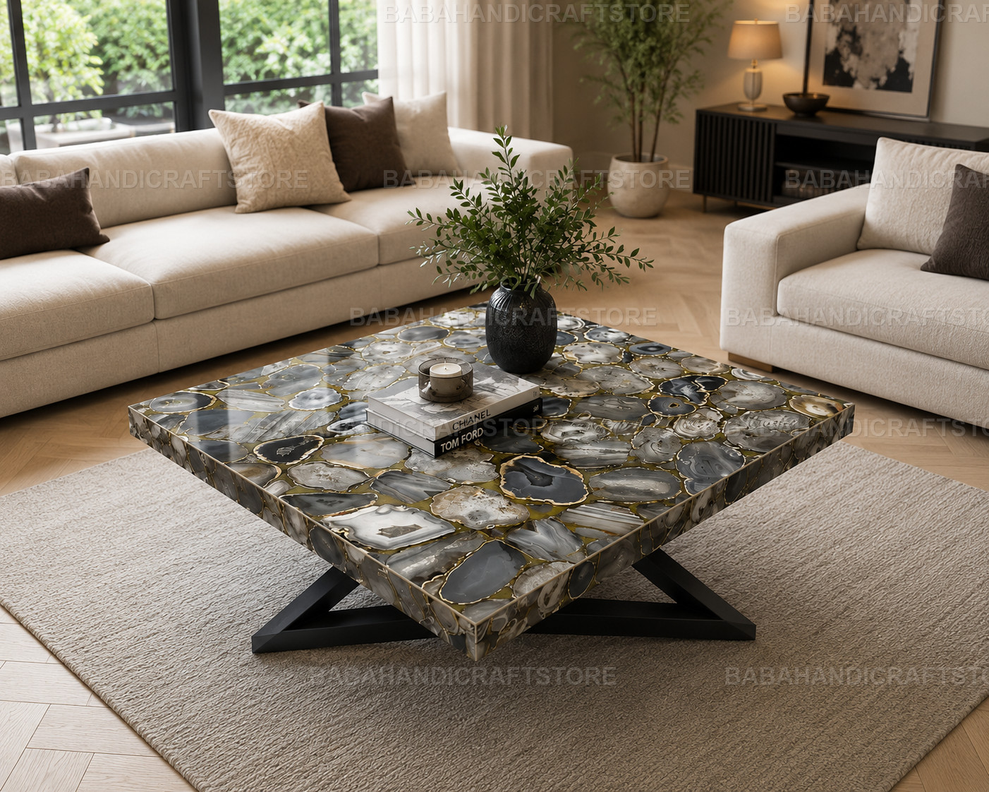 Luxury Gray Agate Coffee Table | Handmade Natural Agate Stone Center Table | Mod