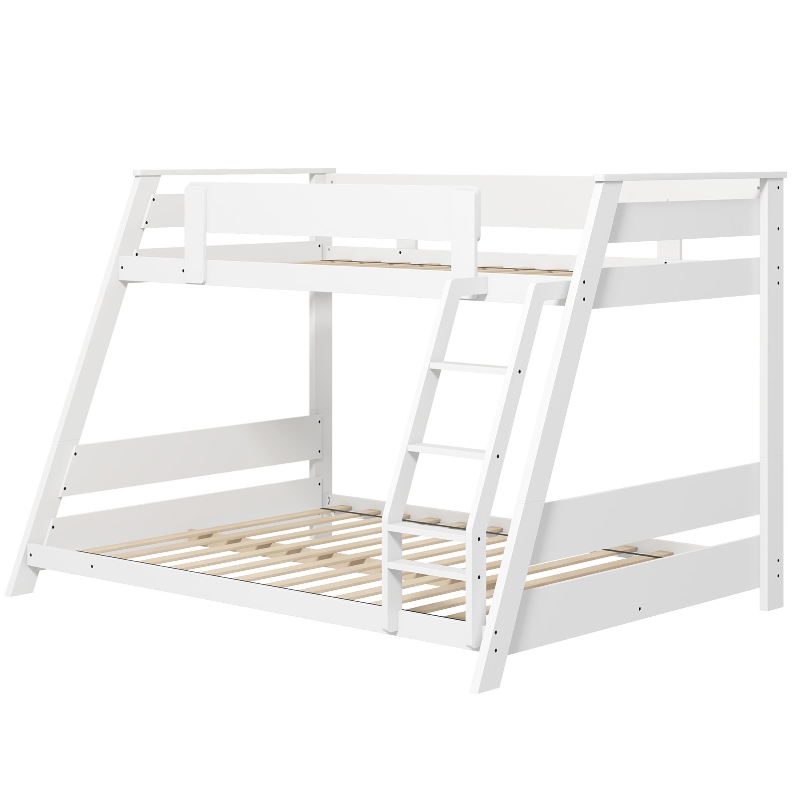 Twin Over Full Low Bunk Bed Solid Wooden Floor Bunk Bed w/ Reversible Ladder