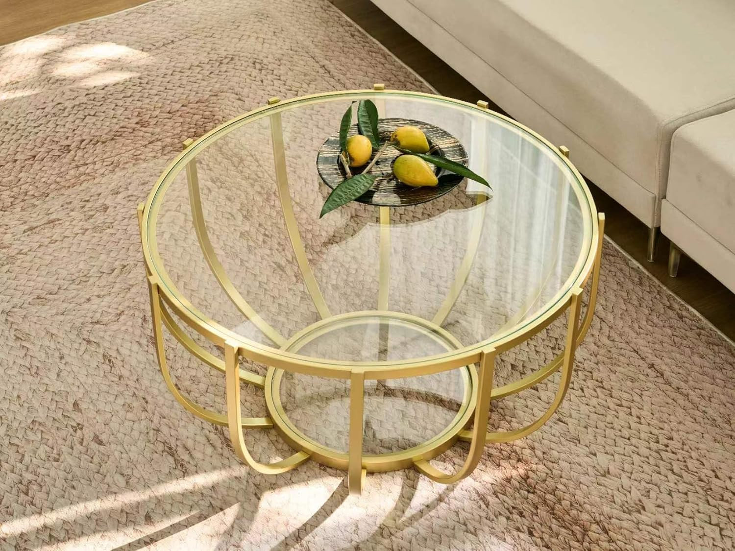 Glam Gold Round Glass Coffee Table, Mid-Century, 2-Tier Design, 30.7″ D