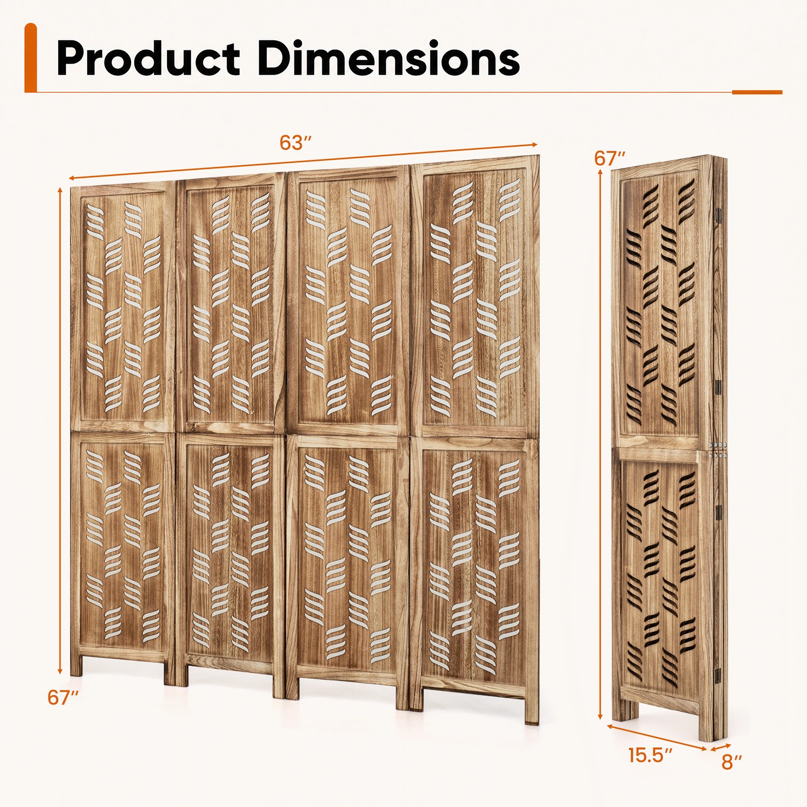 5.5 FT Tall Room Divider w/Paulownia Wood Frame Wave Cutout Pattern 2-Way Hinges