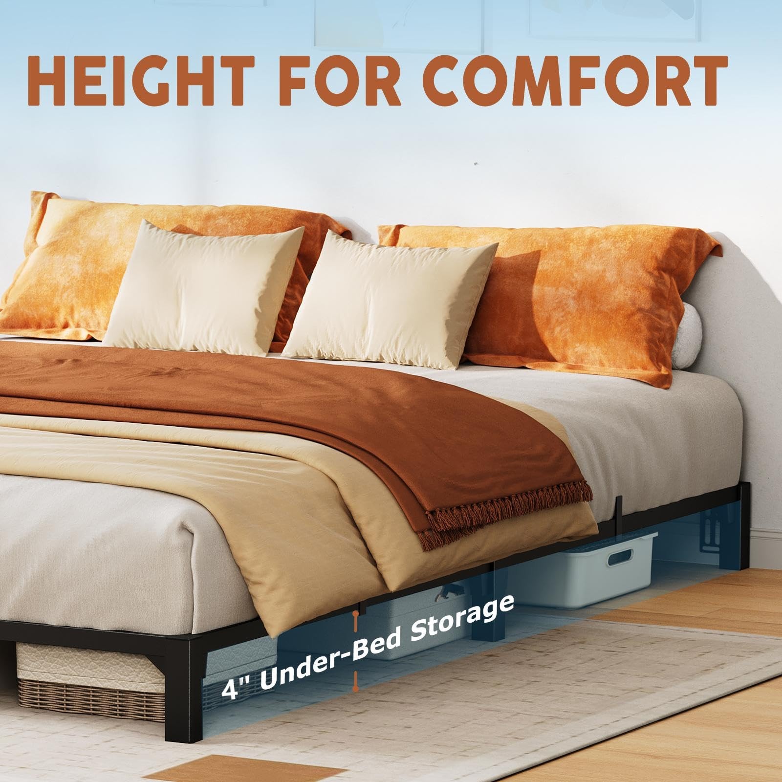 6″ Twin Full Queen King Size Metal Platform Bed Frame Heavy Duty 800Lb Tool-Free