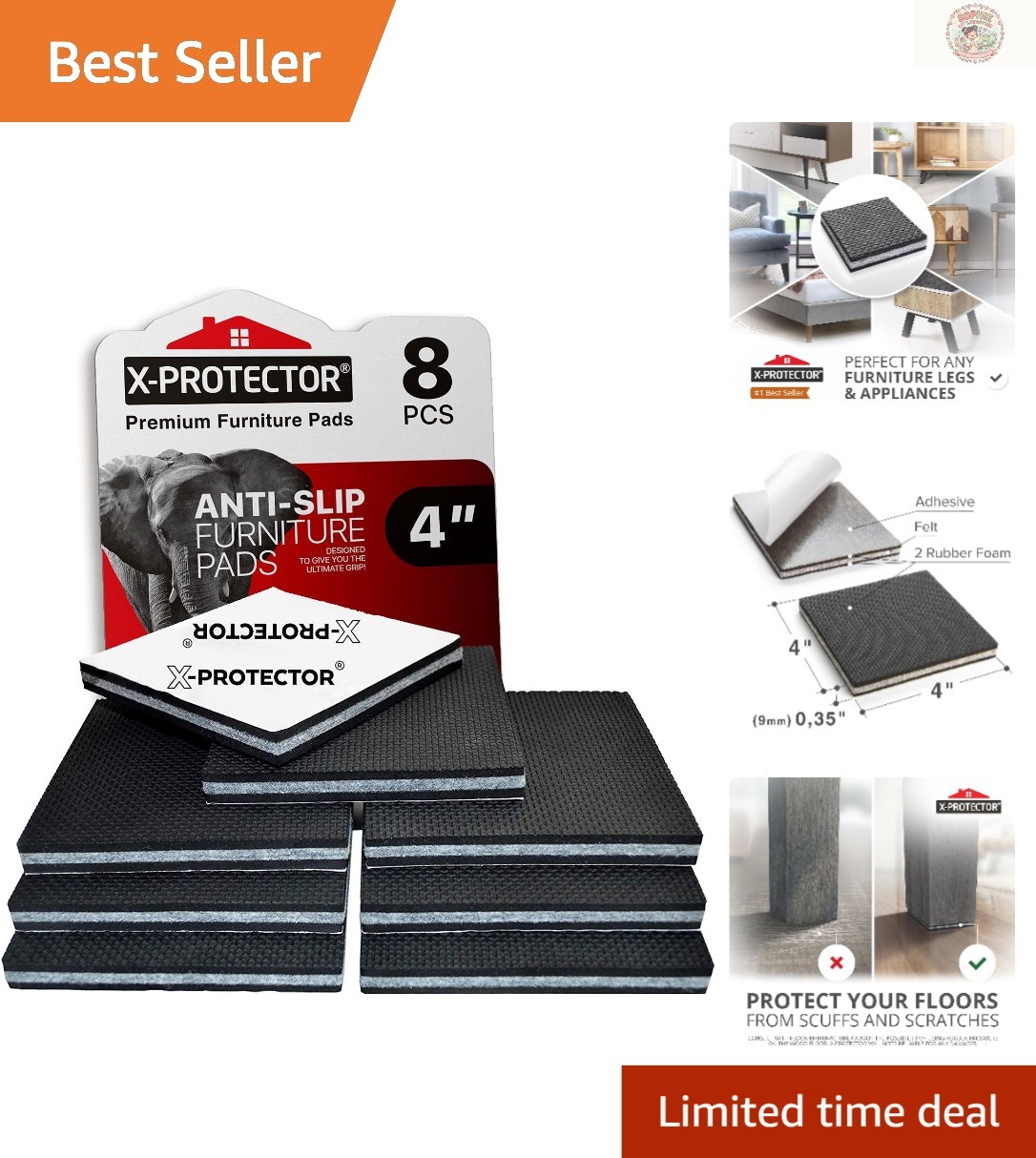 8 Durable Non-Slip Furniture Grippers with Adhesive – 4 Inch Pads!
