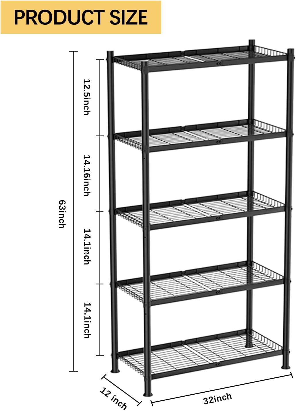 5 Tier Wire Shelving,Metal Shelves (32.0″ W X 12.0″ D X 63″ H) | Carbon Steel Ma
