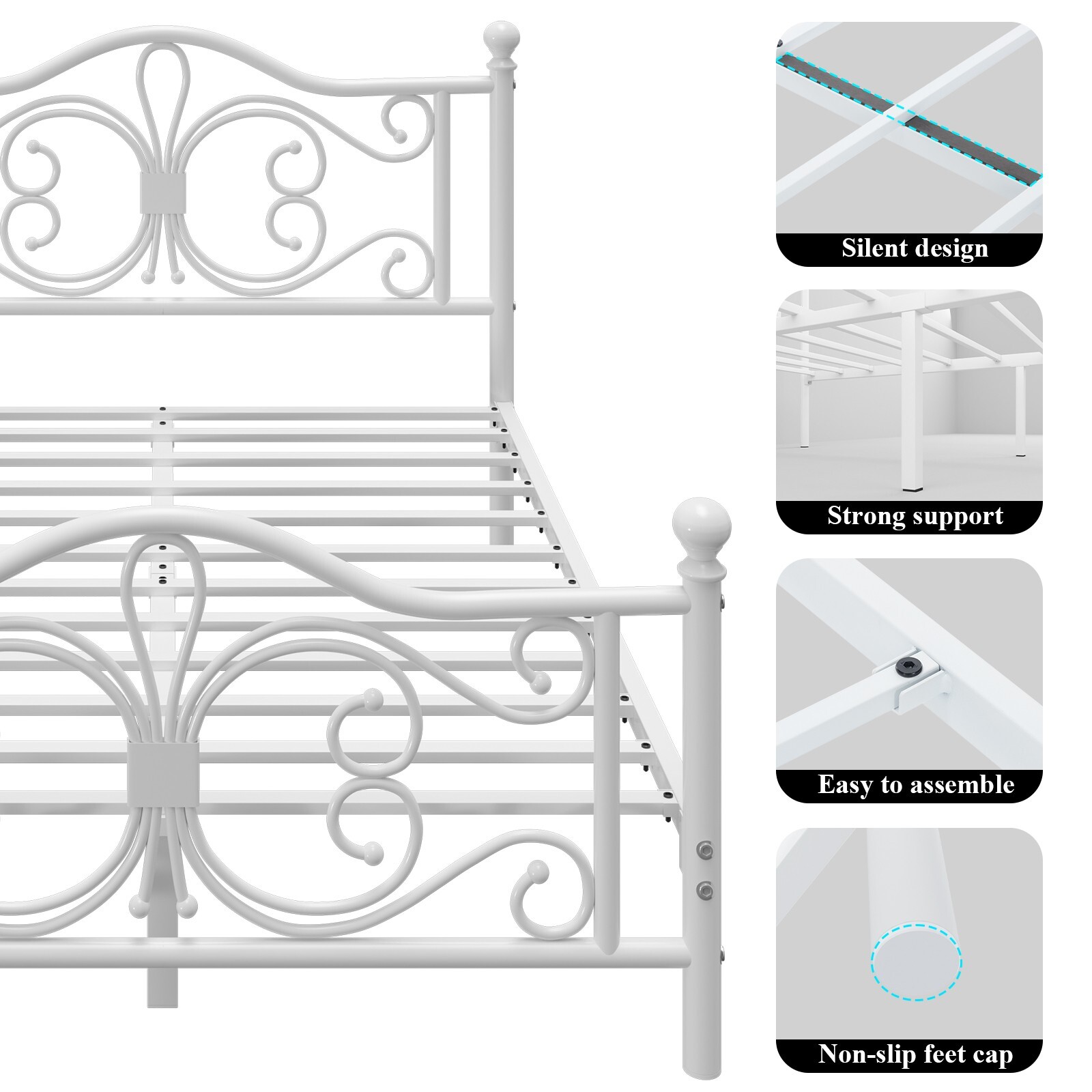 Queen/Twin/Full Metal Platform Bed Frame with White Headboard & Footboard