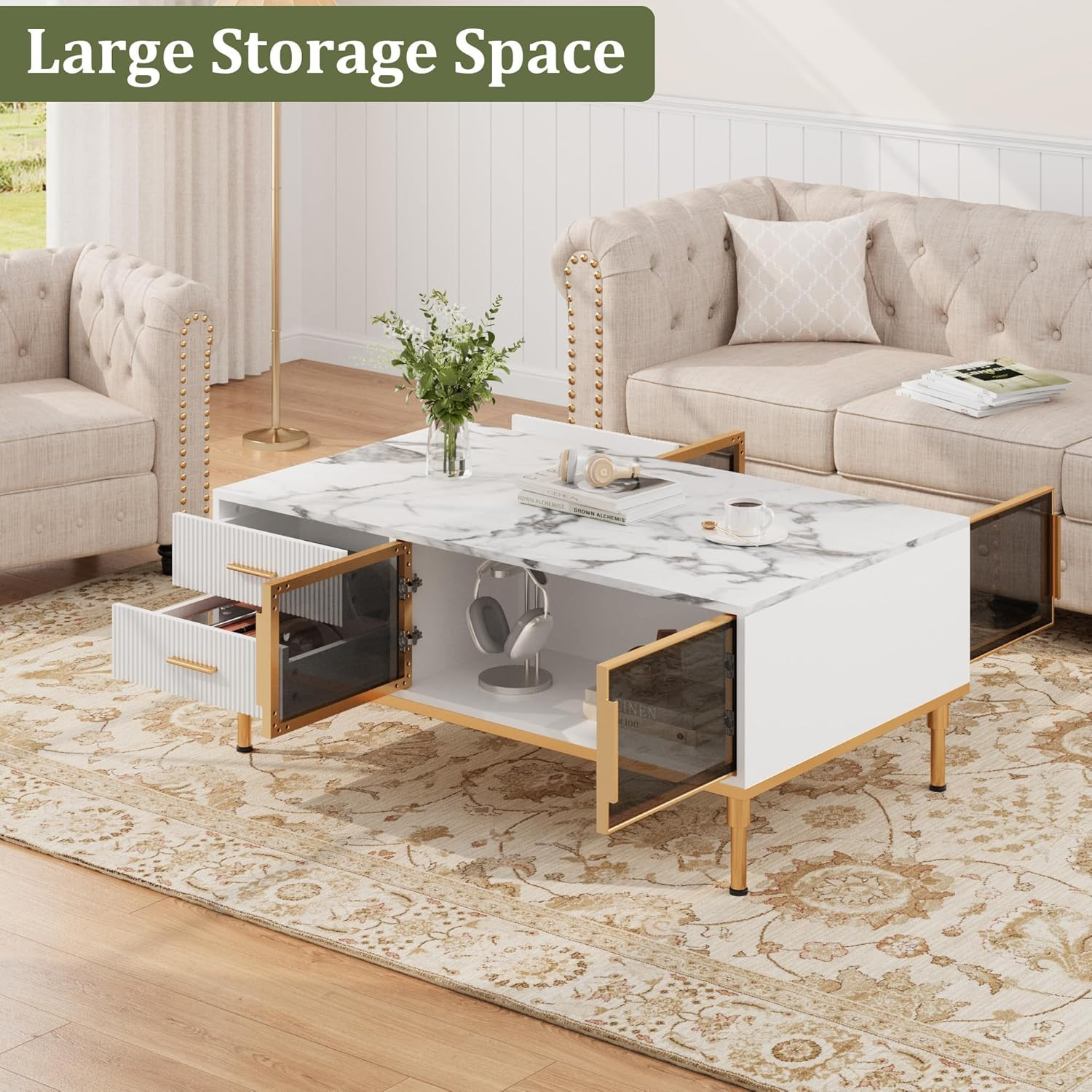 Elegant White Coffee Table with Gold Legs & Storage for Living Room