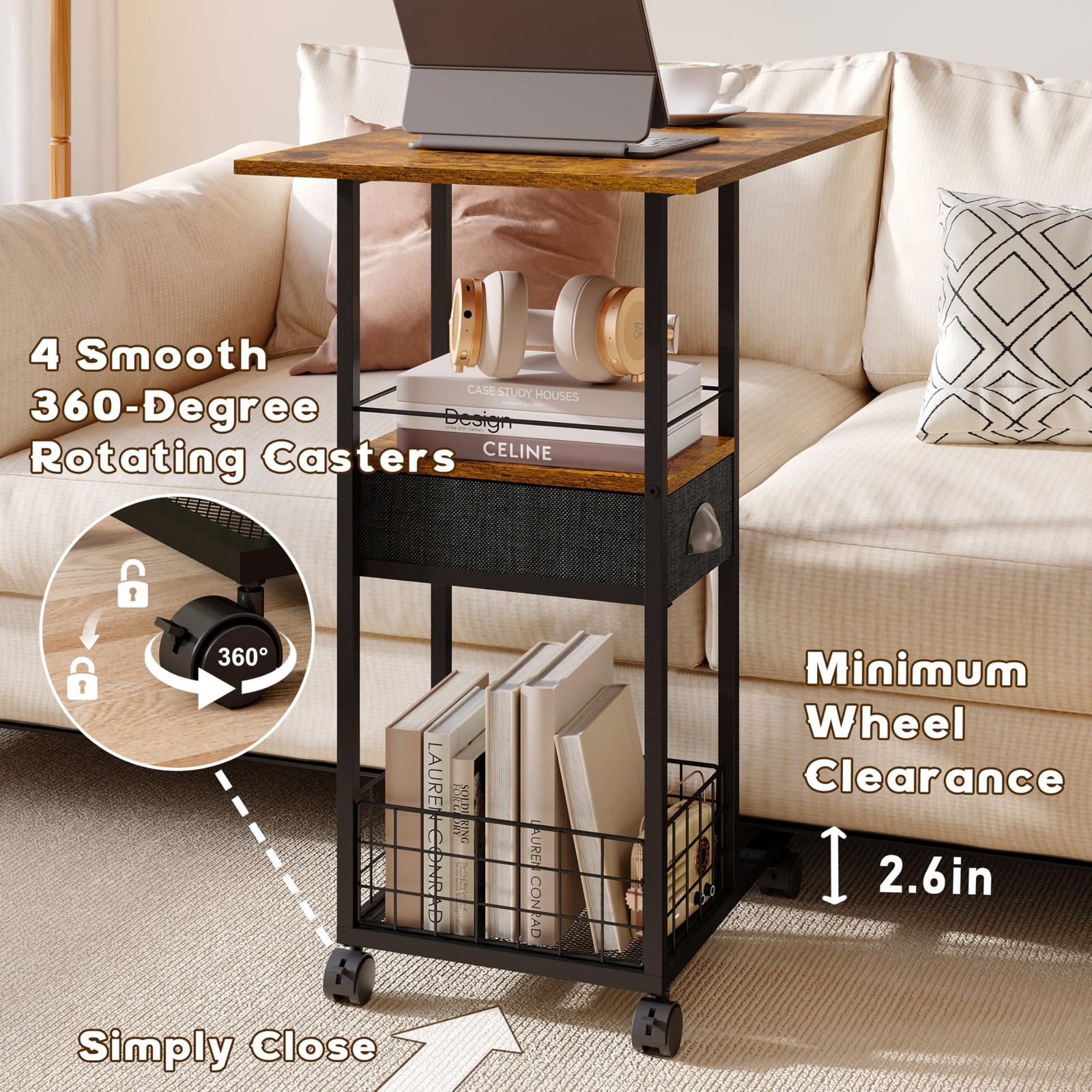 Rolling C-Shaped Side Table with Wheels X-Large (With Drawer & Wheels), Black