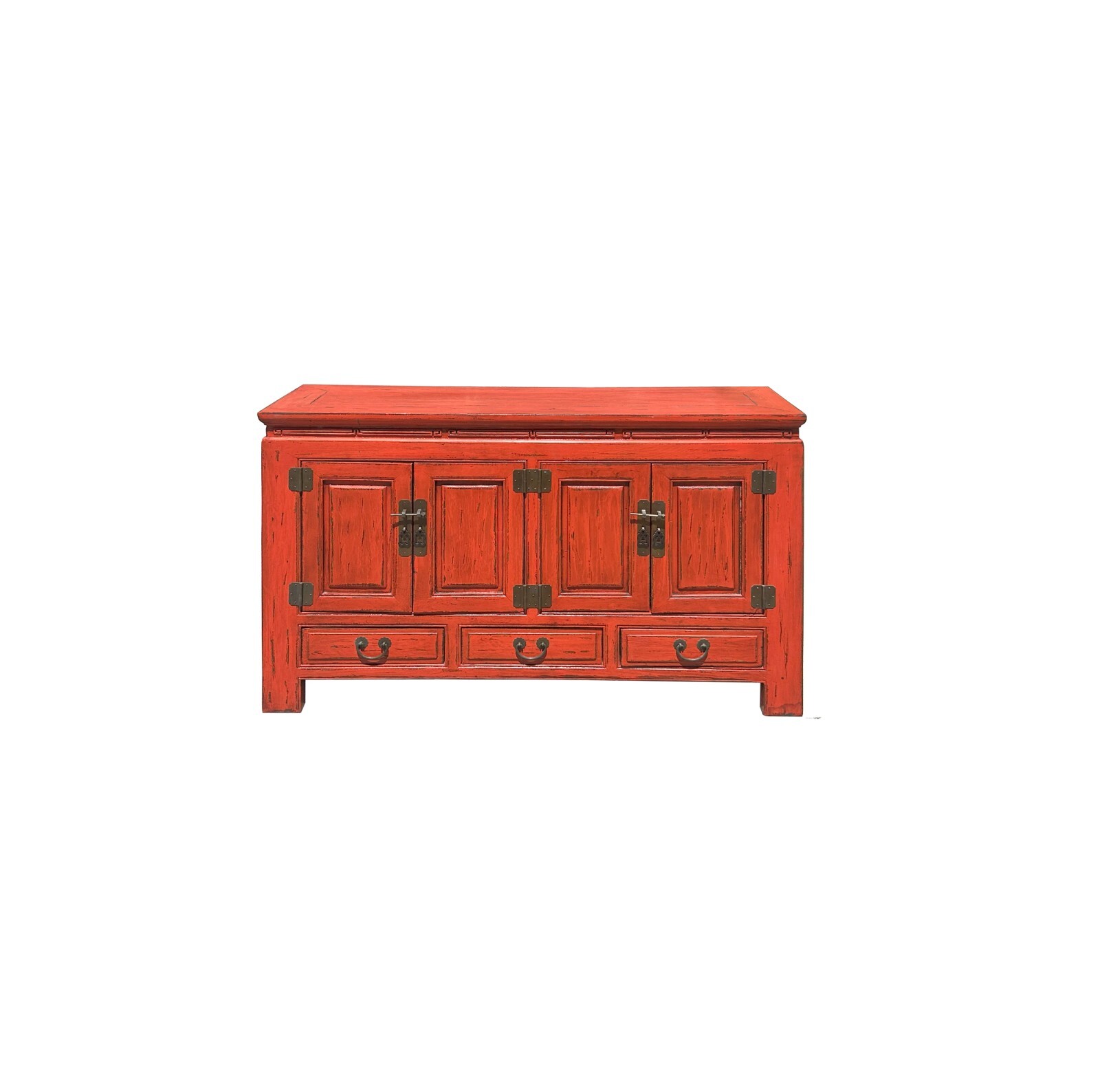 Oriental Distressed Brick Orange Red Lacquer Low Table TV Console Cabinet ws4050