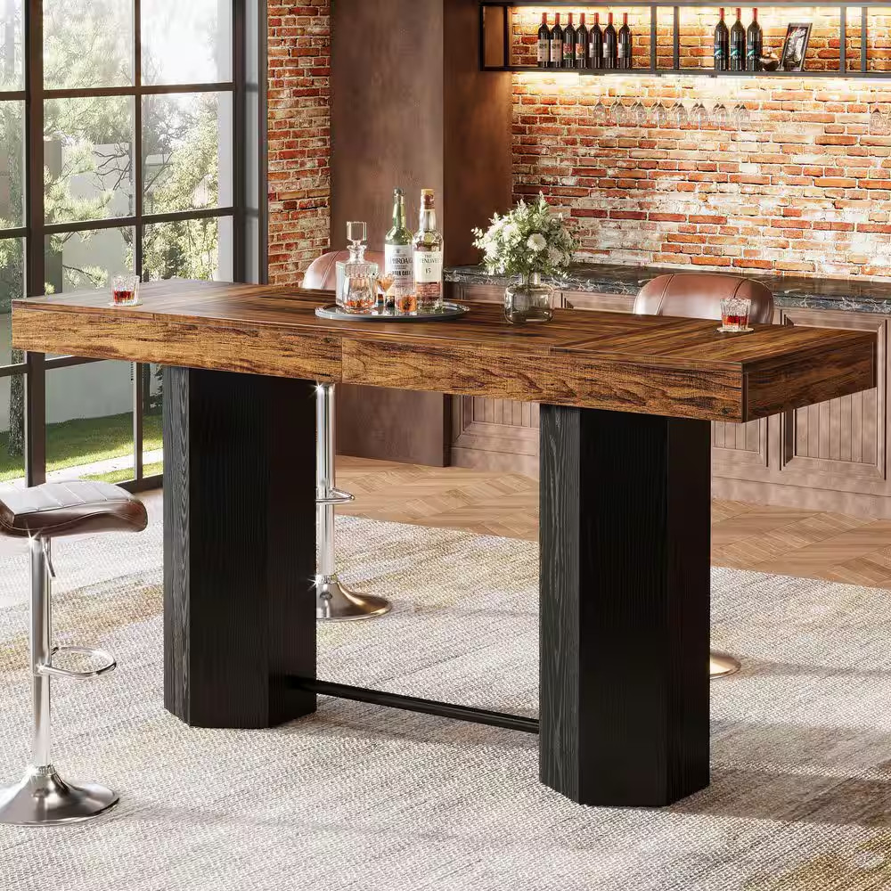 Kearsten 37.4 In. H Rectangle Bar Table, Brown&Black Wooden Home Bar Table with
