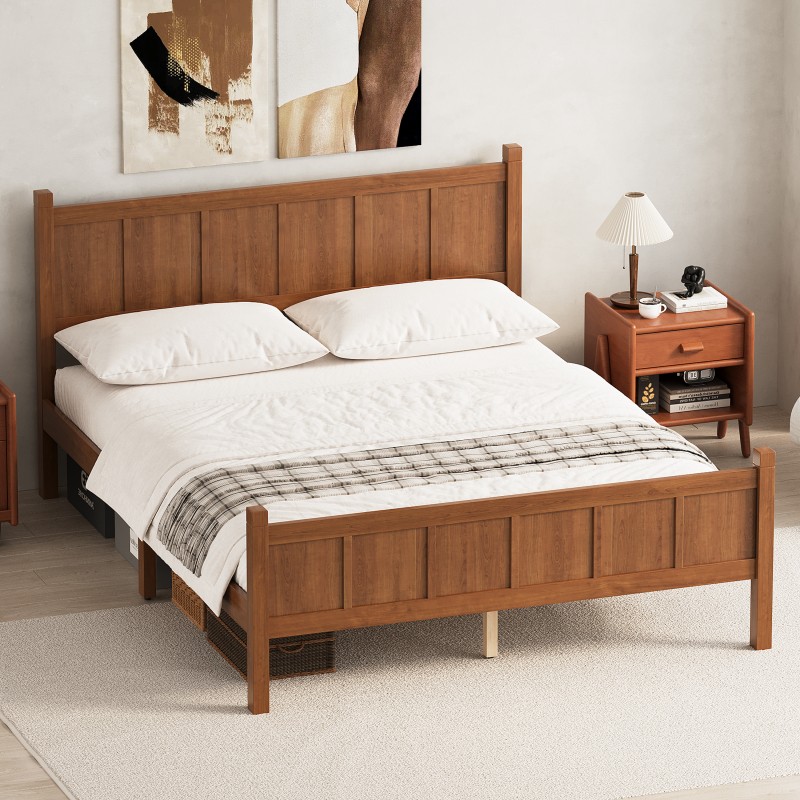 Queen Size Flat Panel Bed with Headboard Farmhouse Platform Bed Frame Walnut