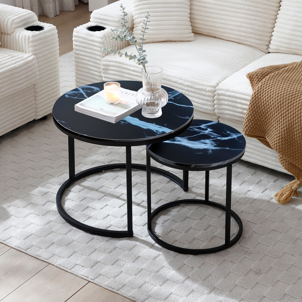 Set 2 Coffee Table Nesting Black top Round and Marble Pattern Wooden Tables
