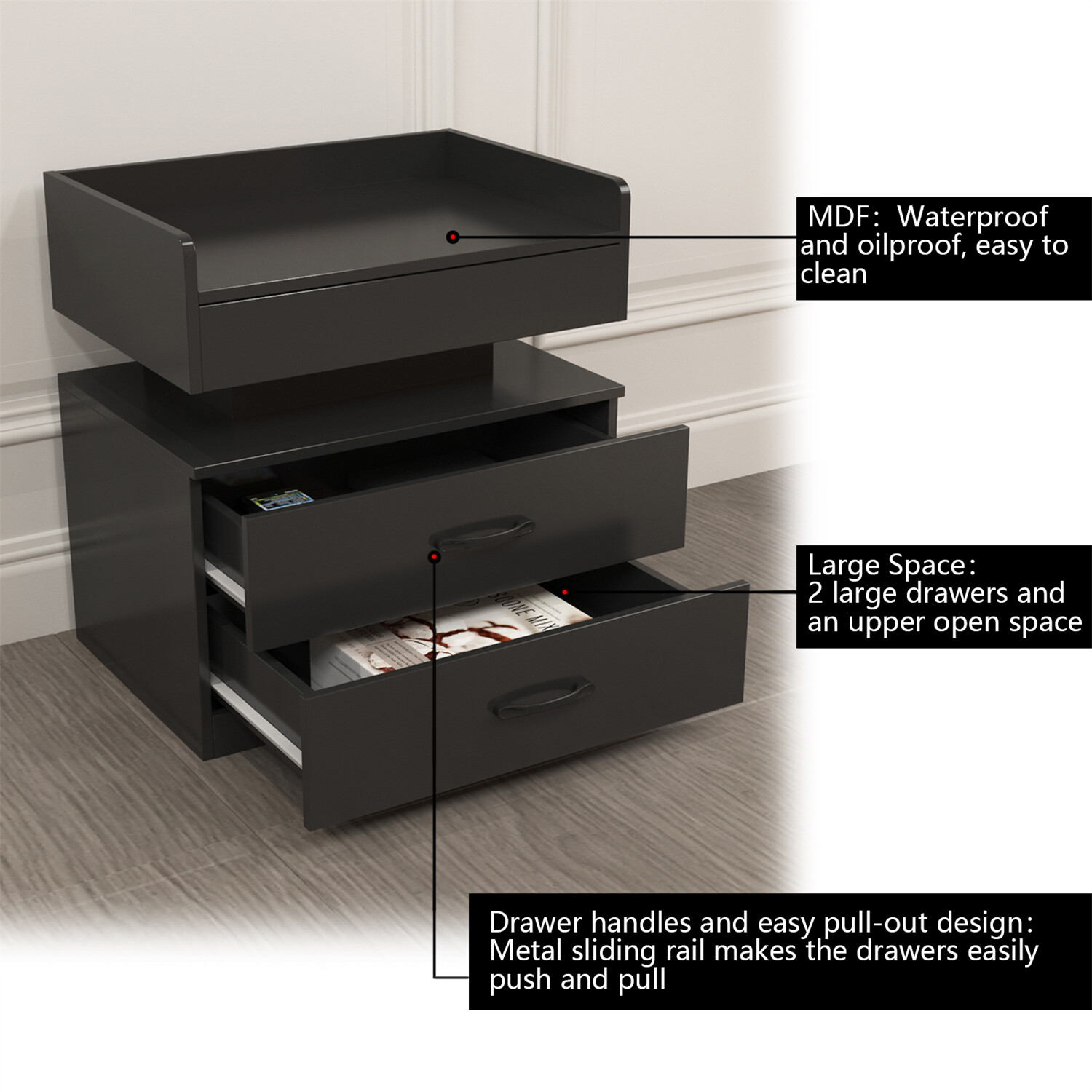 LED Nightstand Bedside Table End Table Side Table w/ 2 Drawers White/Gray/Black