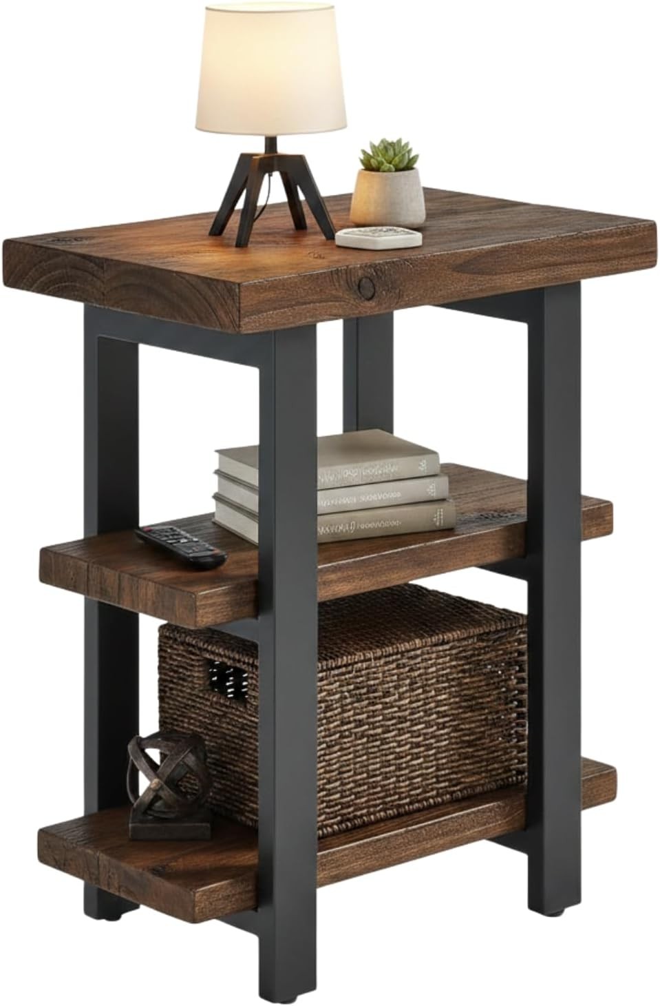 Pomona Living Room 3-Tier Solid Wood End Table W/ Metal Legs & Storage Shelves –